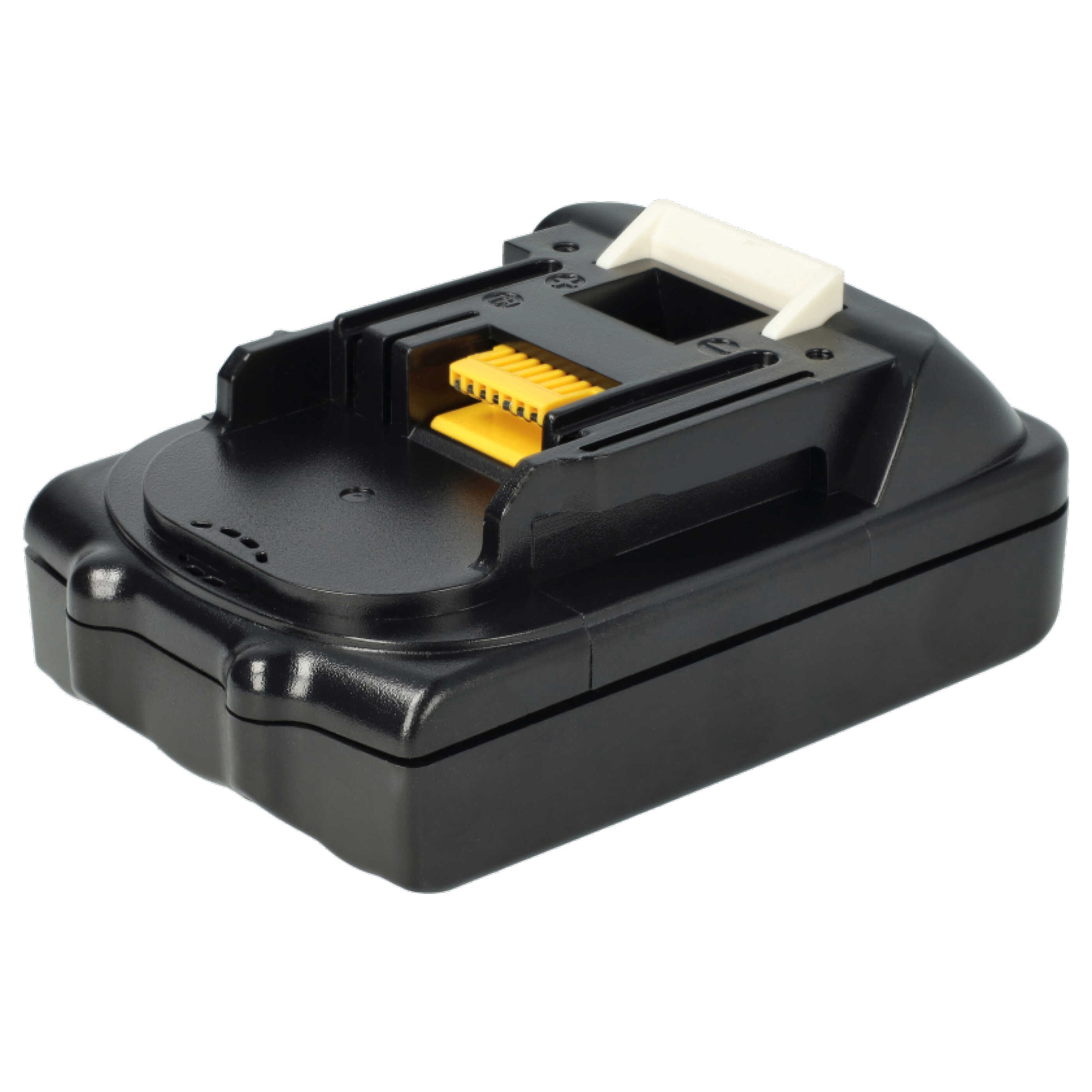 Ein schwarzer Akku für kabellose Elektrowerkzeuge mit gelbem Stecker und weißem Griff oben.