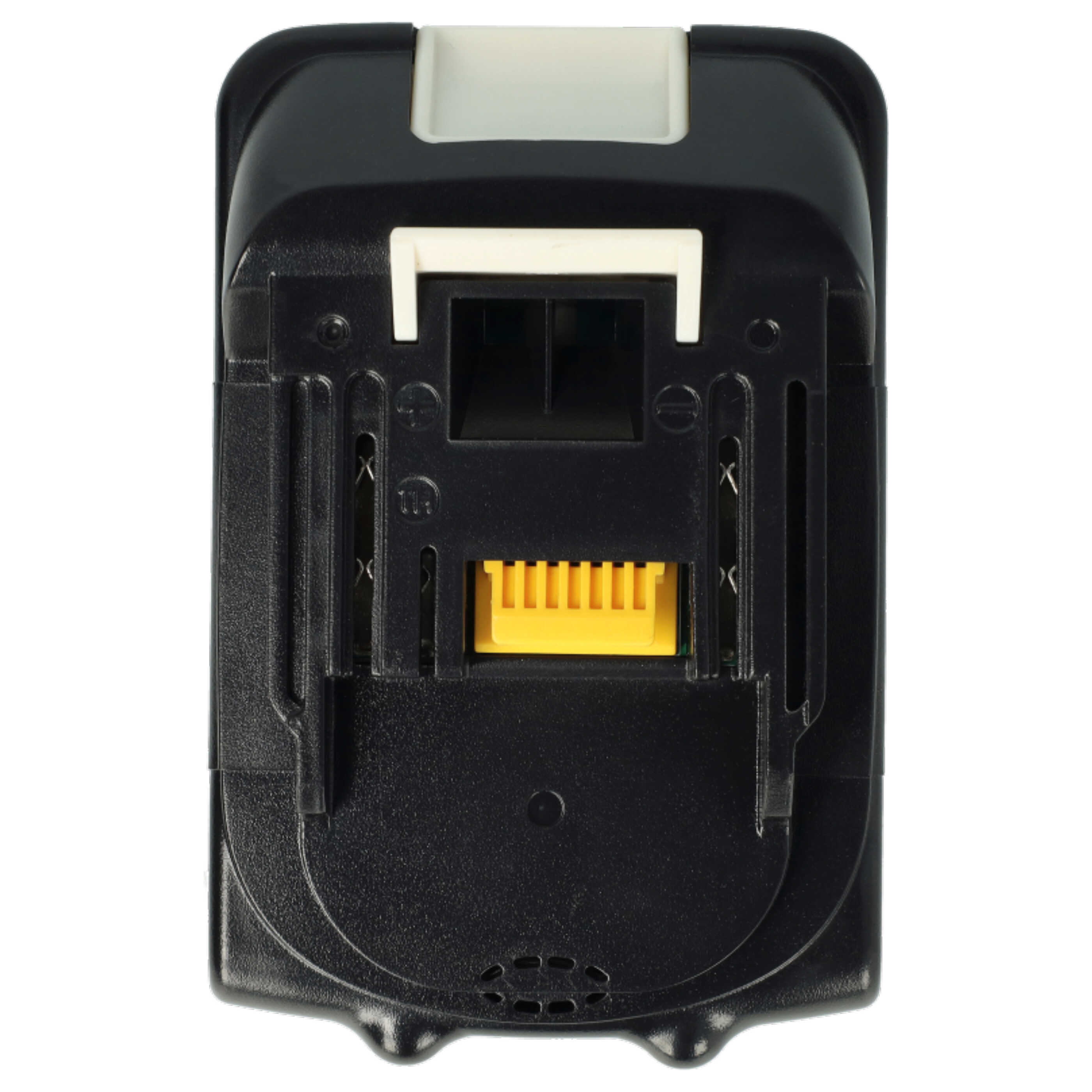 Schwarzer Akku mit weißer Oberseite und gelbem Stecker. Der Hintergrund ist schlicht weiß.