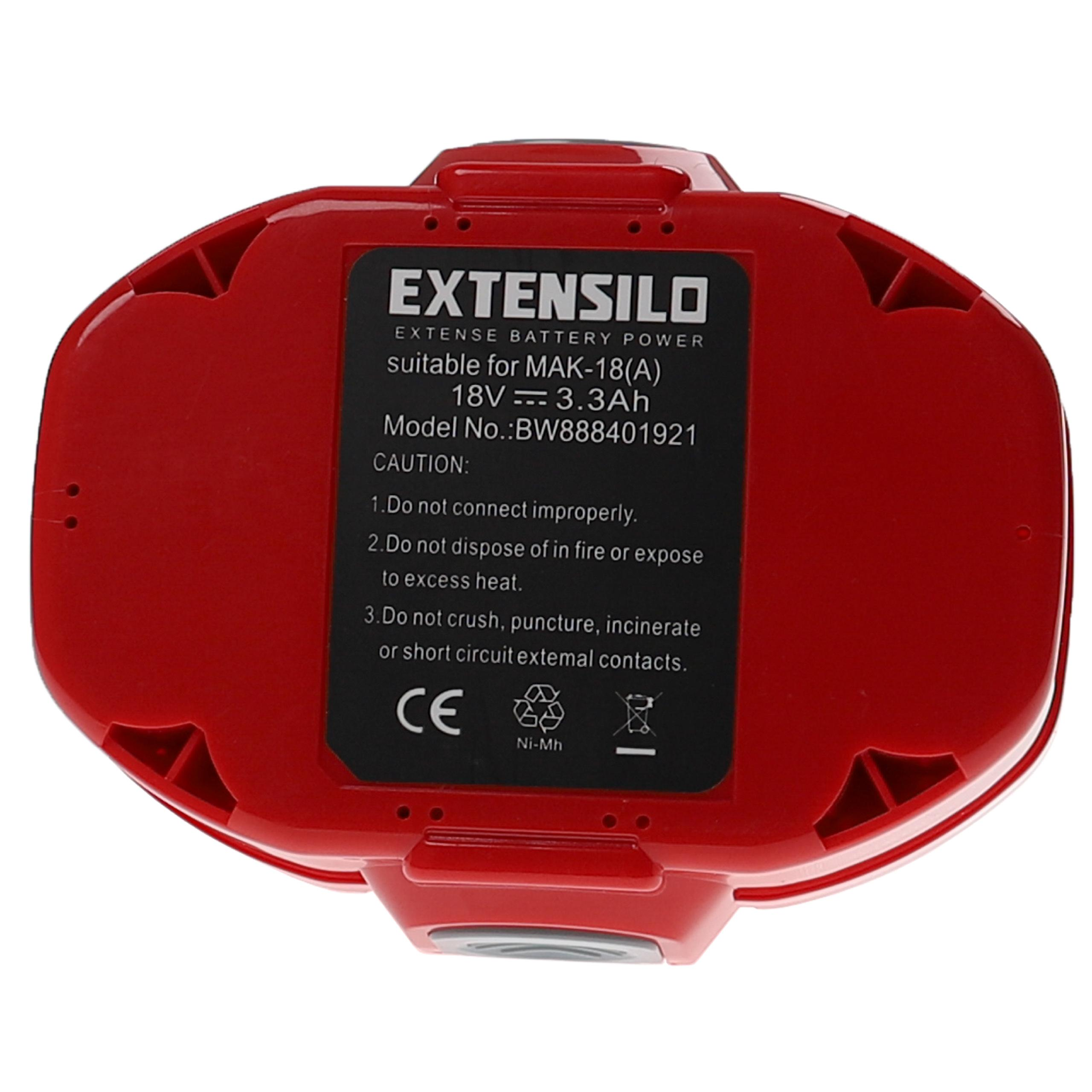 Ein roter Akku mit schwarzem Etikett, das Text wie 'EXTENSILO' und Sicherheitshinweise enthält.