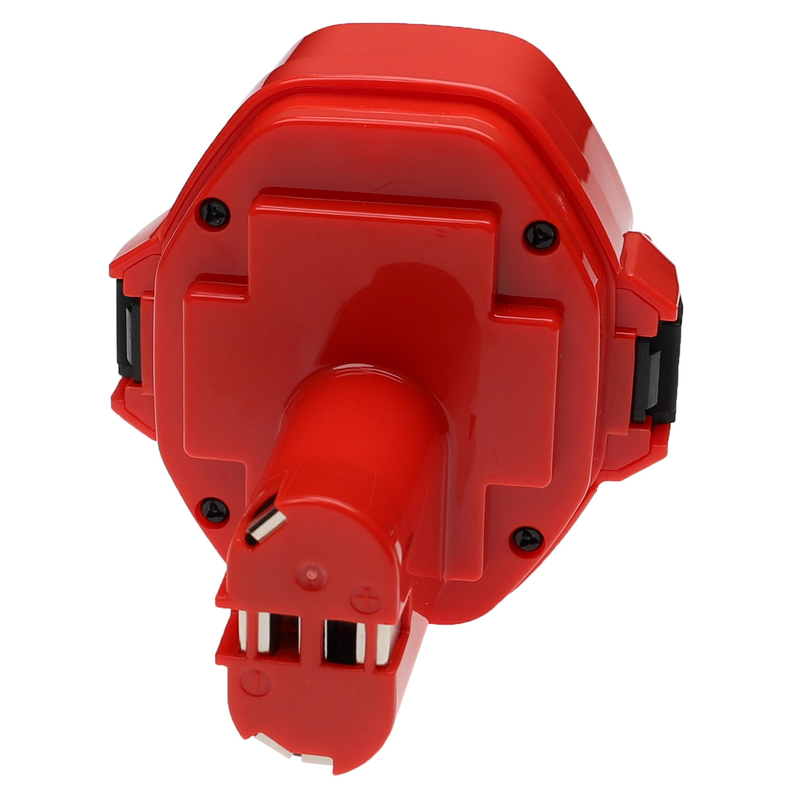 Ein roter Werkzeugakku. Er hat eine rechteckige Form mit zylindrischer Basis und mehreren Kontaktpunkten.