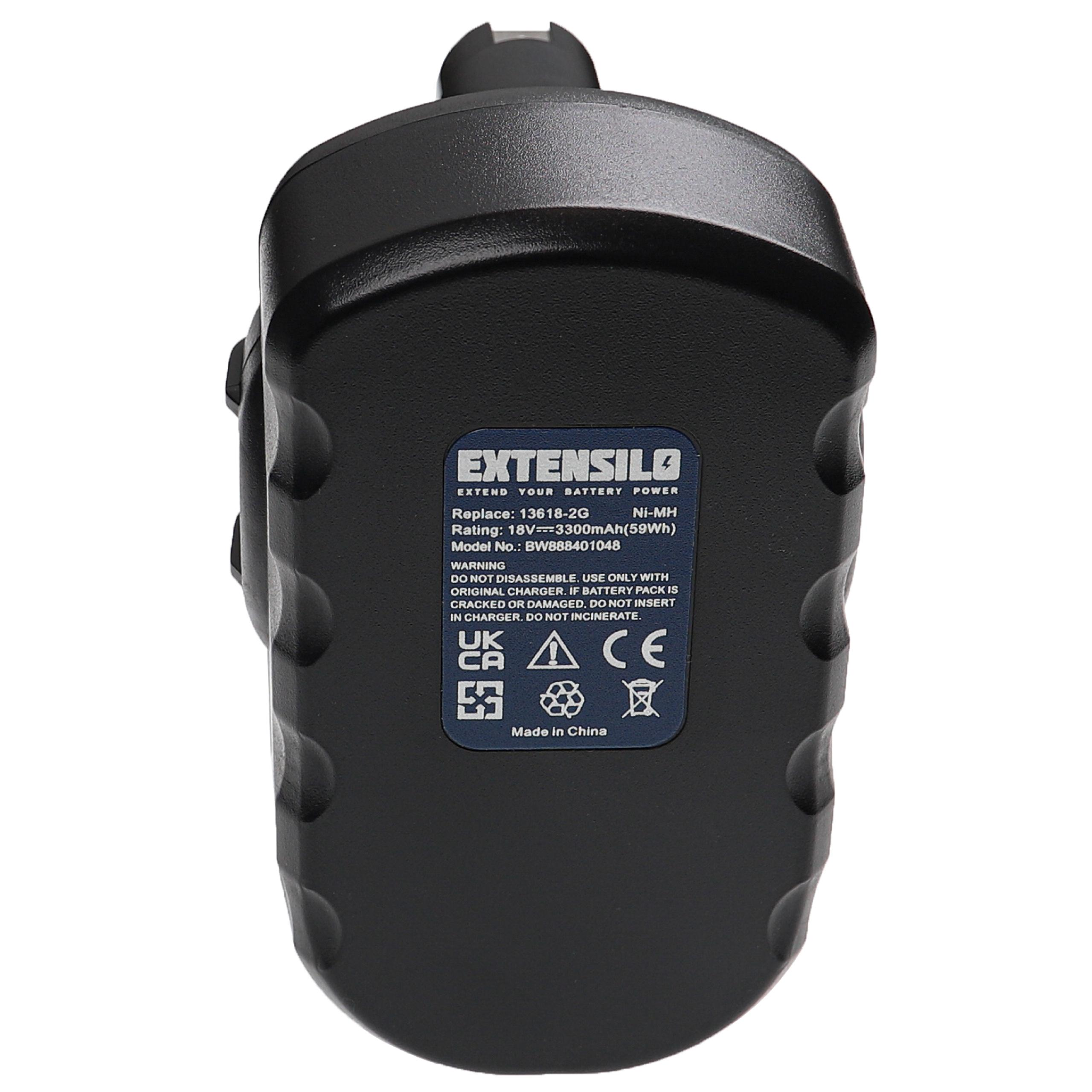 Ein schwarzes Akkupack mit der Aufschrift 'EXTENSILO', technischen Daten und Sicherheitshinweisen. Hergestellt in China.