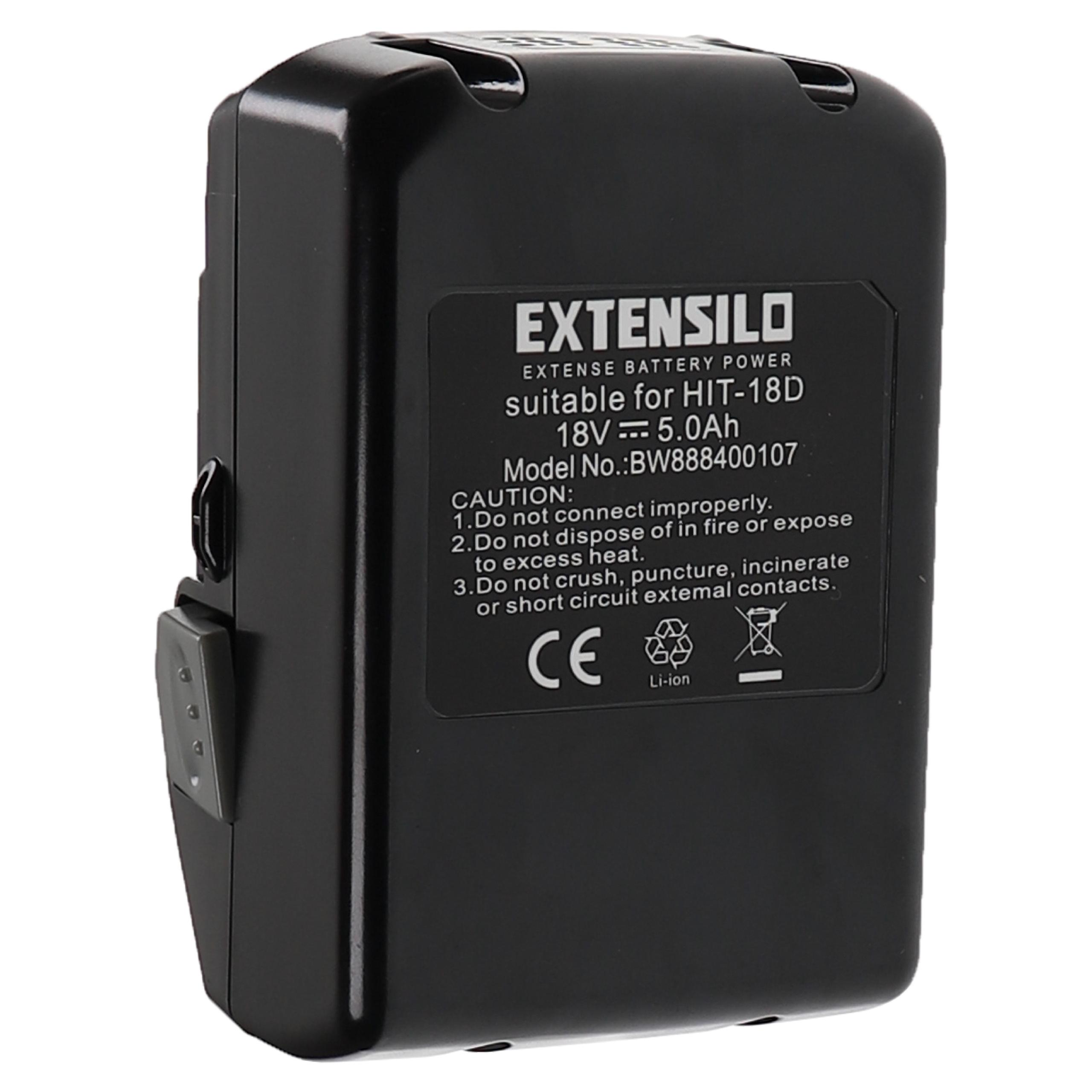 Ein schwarzes Extensilo 18V 5.0Ah Akkupack. Es hat ein Etikett mit Warnhinweisen und Spezifikationen. Auf der Seite befindet sich ein grauer Knopf.