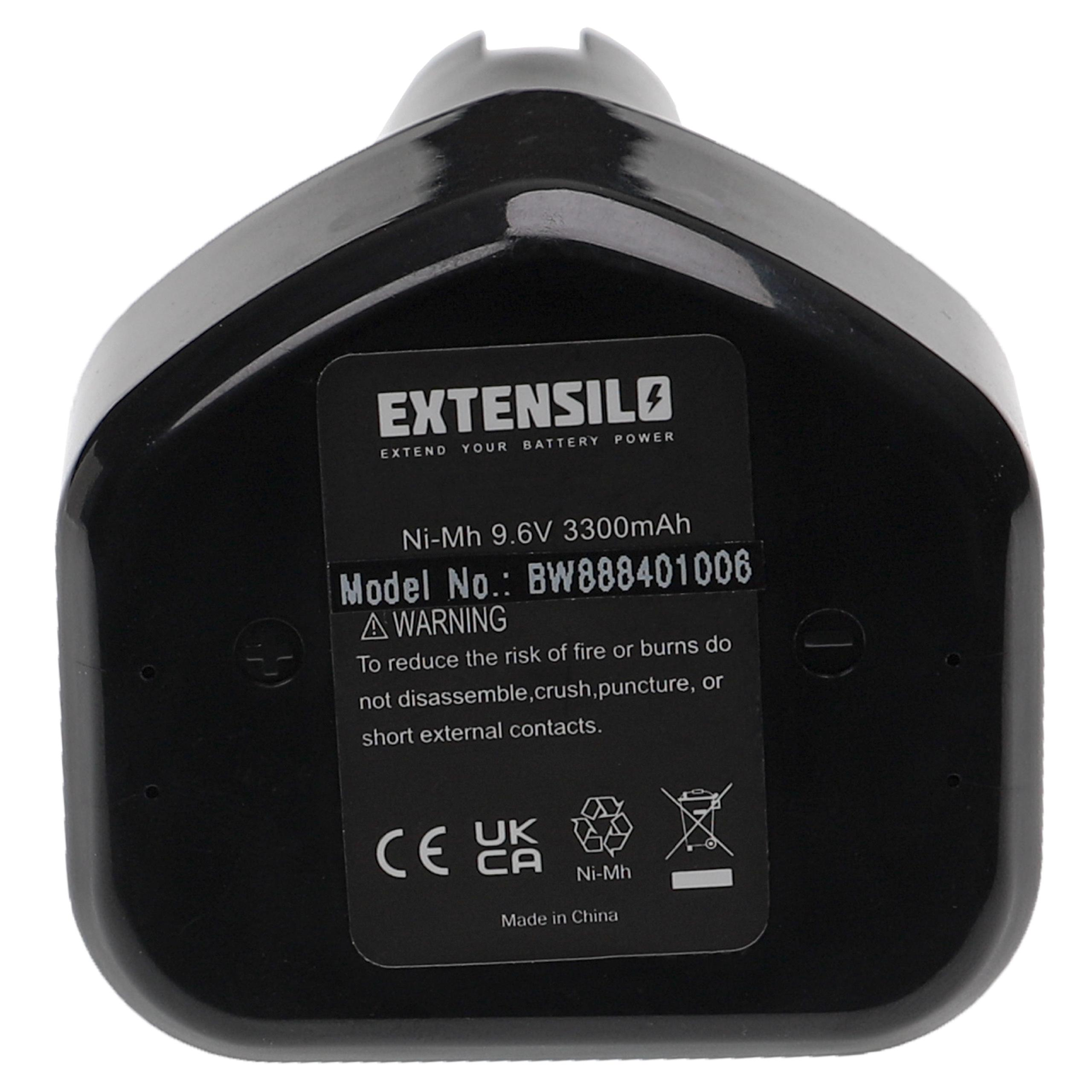 Schwarzer Akku mit weißem Text. Der Text enthält 'EXTENSILO', 'Ni-Mh' und Warnhinweise. Hergestellt in China.