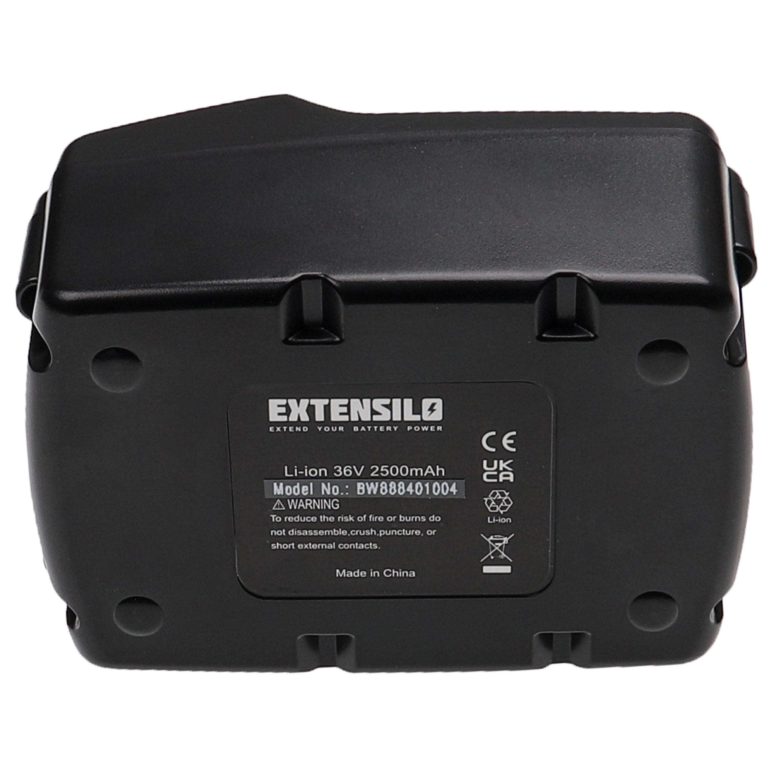 Ein schwarzes Akkupack mit der Marke EXTENSILO wird gezeigt. Es hat ein Warnschild und die Modellnummer BW888401004.