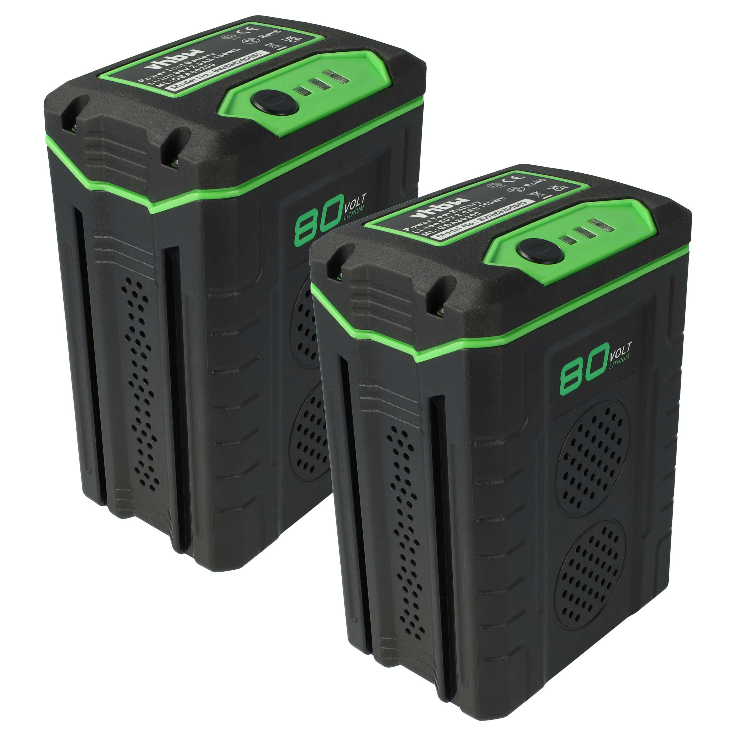 Zwei schwarze und grüne 80-V-Lithium-Ionen-Akkus nebeneinander, mit grünen Akzenten und Markenetiketten.