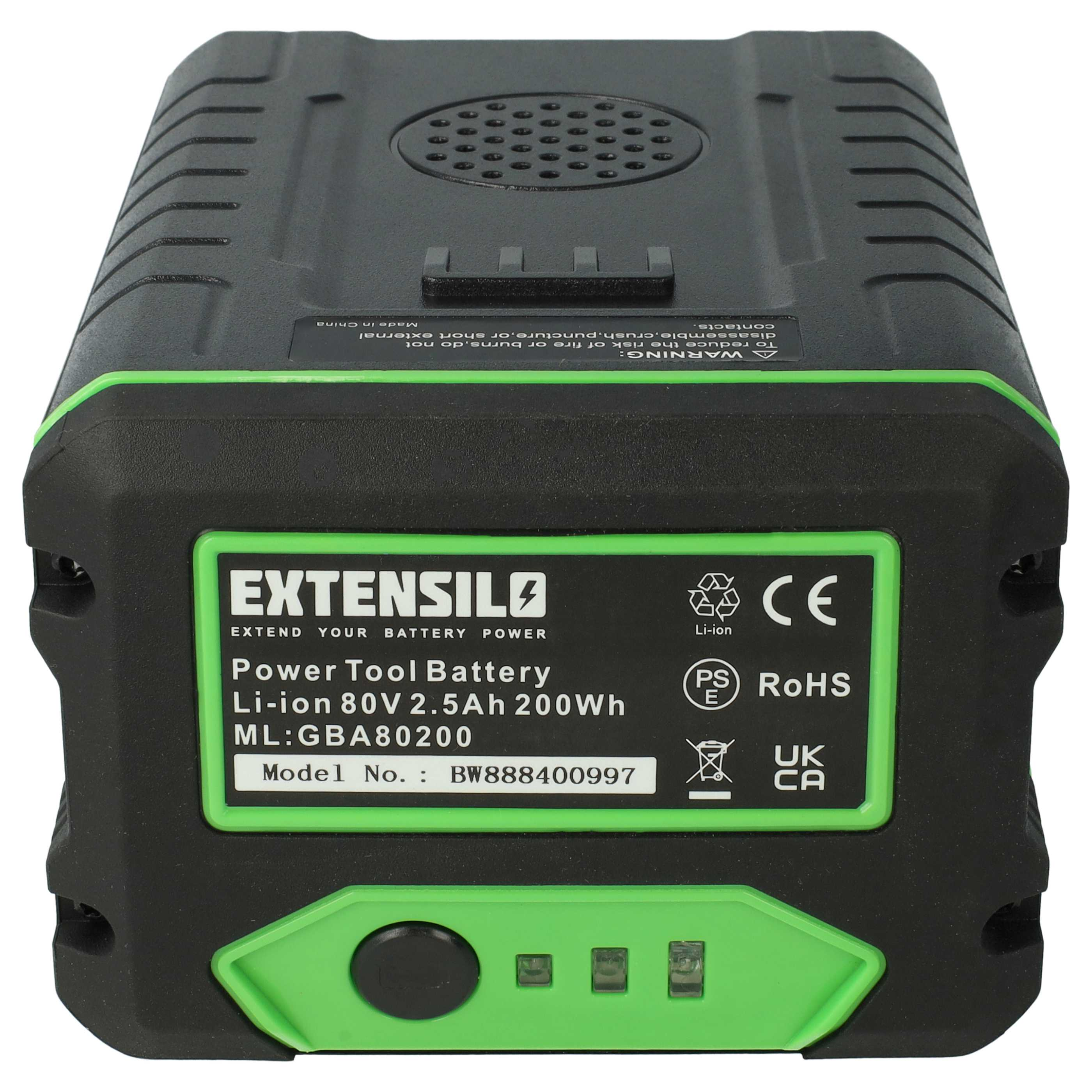 Ein schwarzes und grünes Extensile-Werkzeugbatteriepaket. Text enthält Modell- und Warnhinweise.