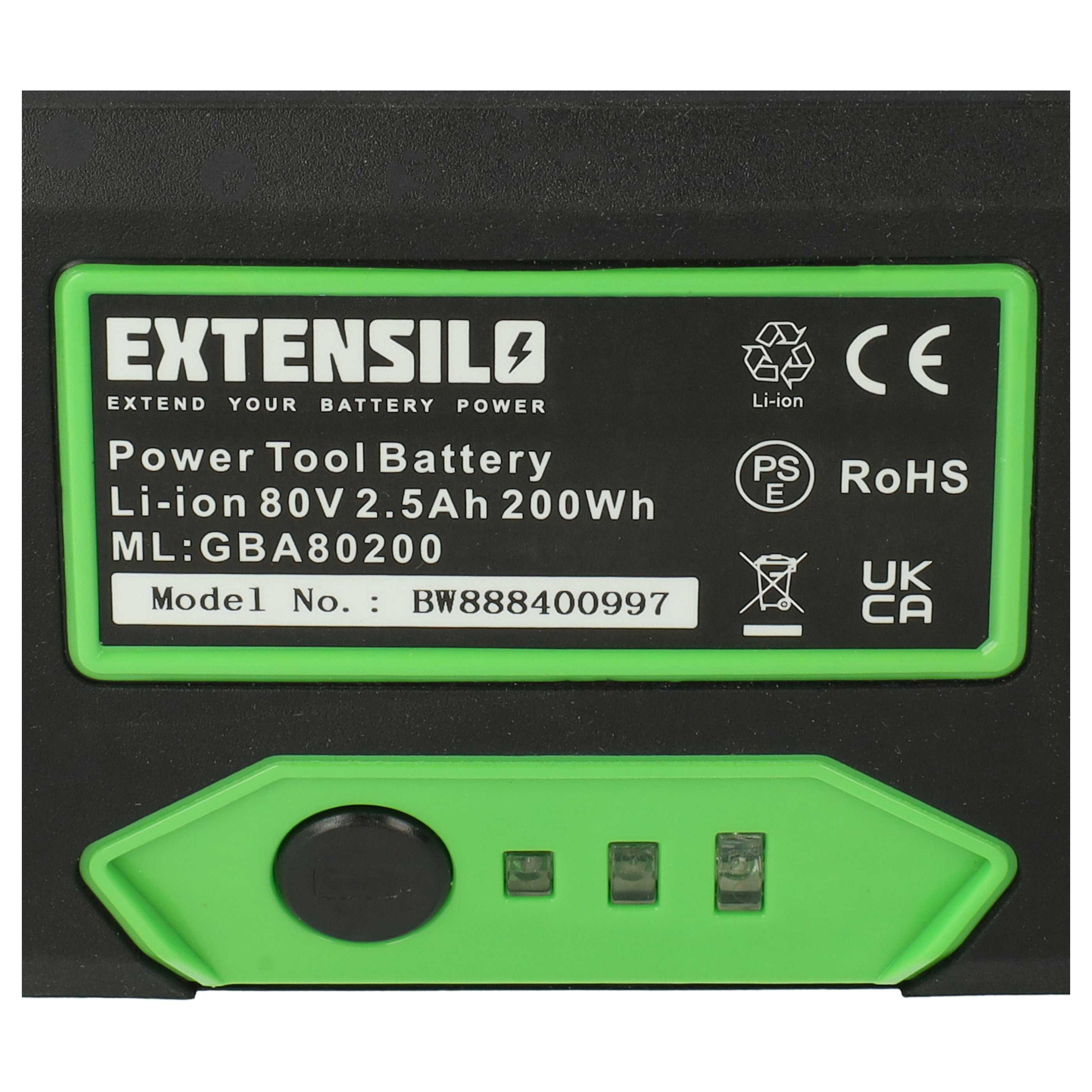 Ein schwarzes und grünes Extensilo-Werkzeugbatterie-Etikett. Der Text enthält Modell, Spannung und Zertifizierungen.