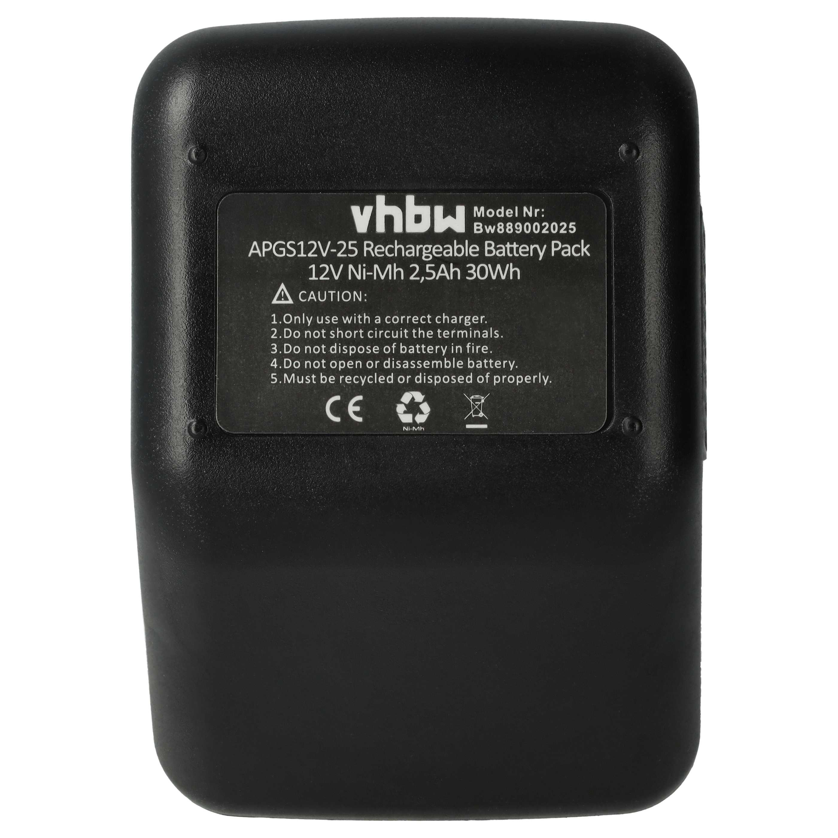 Ein schwarzes Akkupack mit weißem Text. Es steht vhbw, Modellnummer und APGS12V-25 Rechargeable Battery Pack. Sicherheitshinweise sind enthalten.