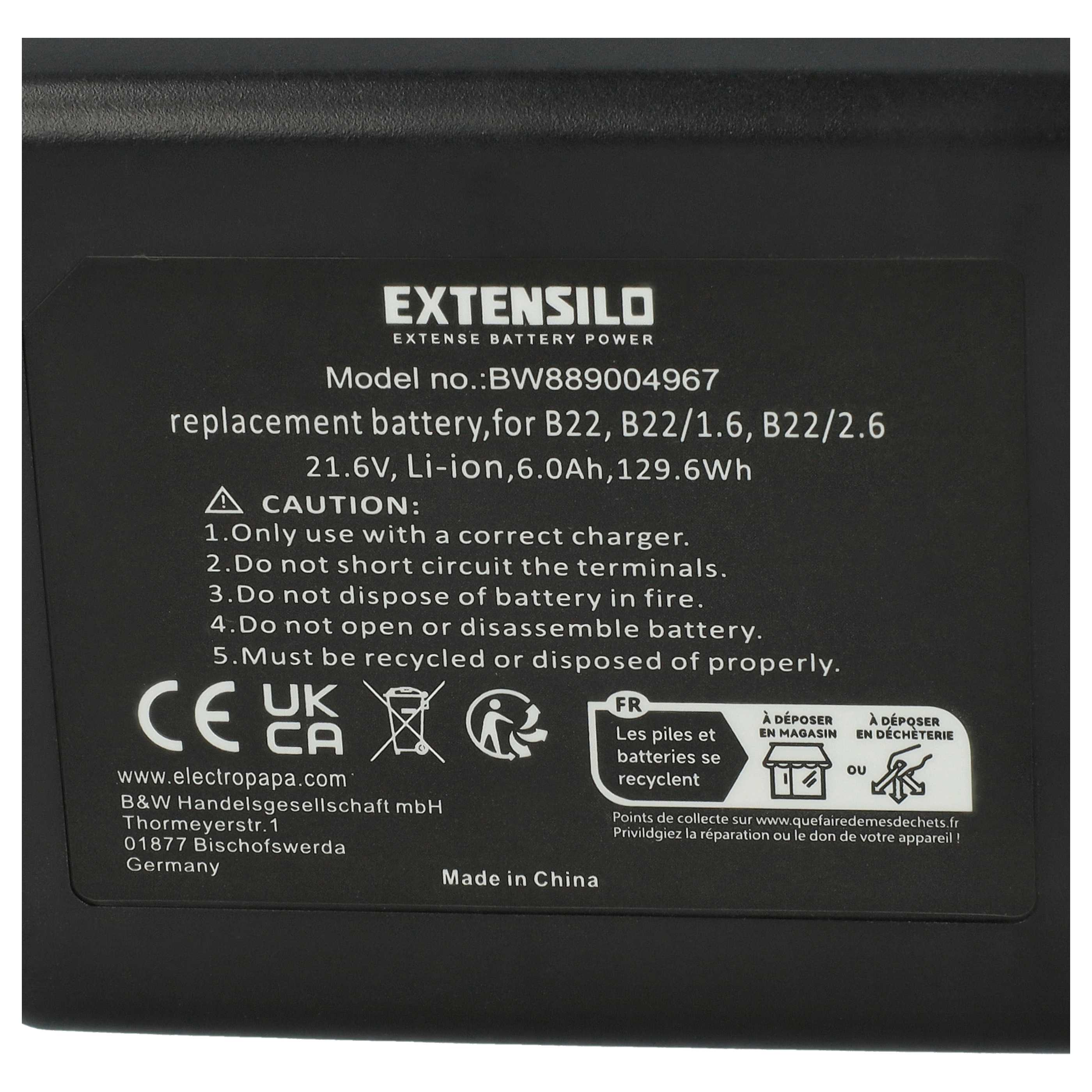 Schwarzes Batterieetikett mit weißem Text. Enthält Warnhinweise, Modellinfo und Recyclingsymbole.