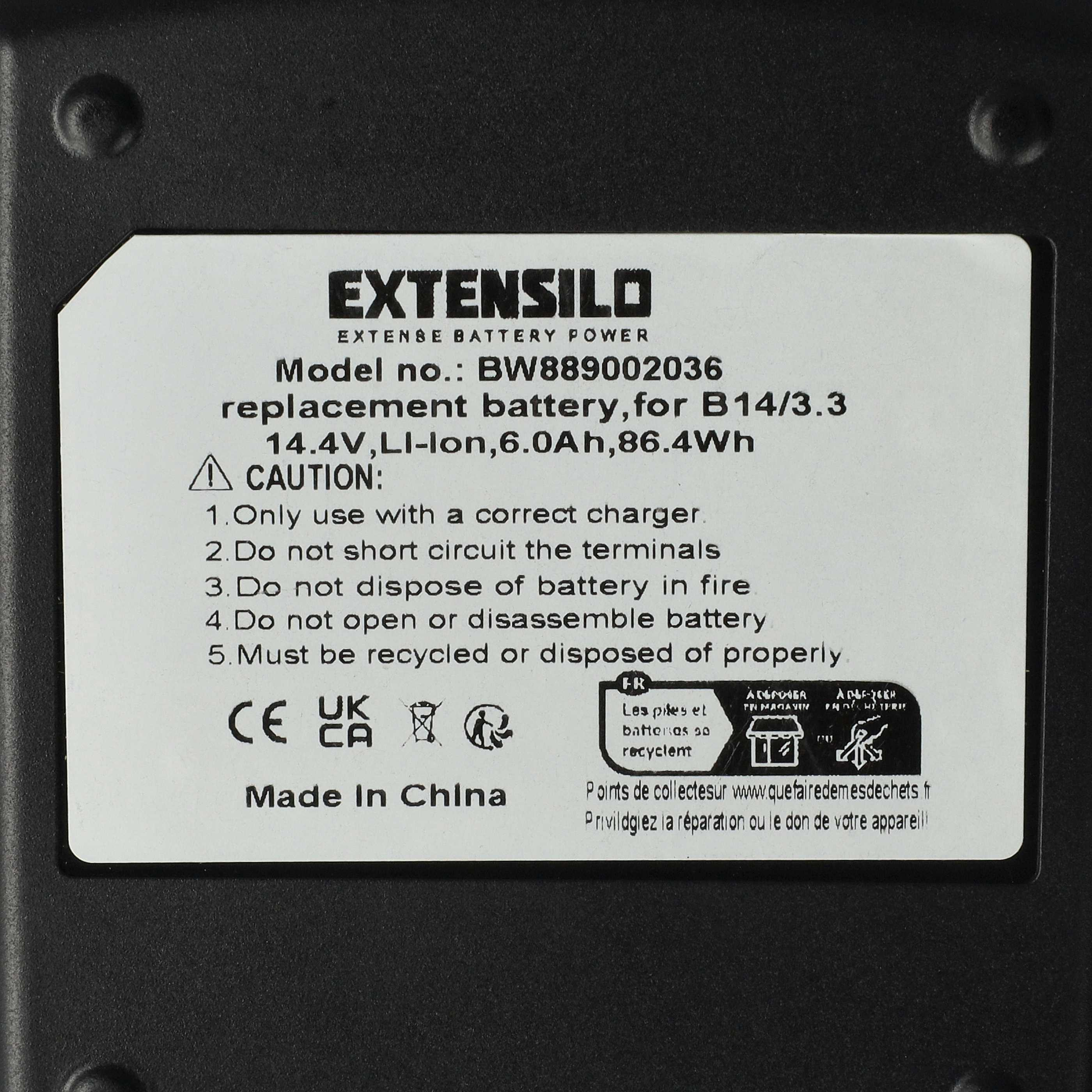 Ein Batterieetikett mit Markennamen, Modellnummer und Sicherheitshinweisen. Der Hintergrund ist dunkelgrau.