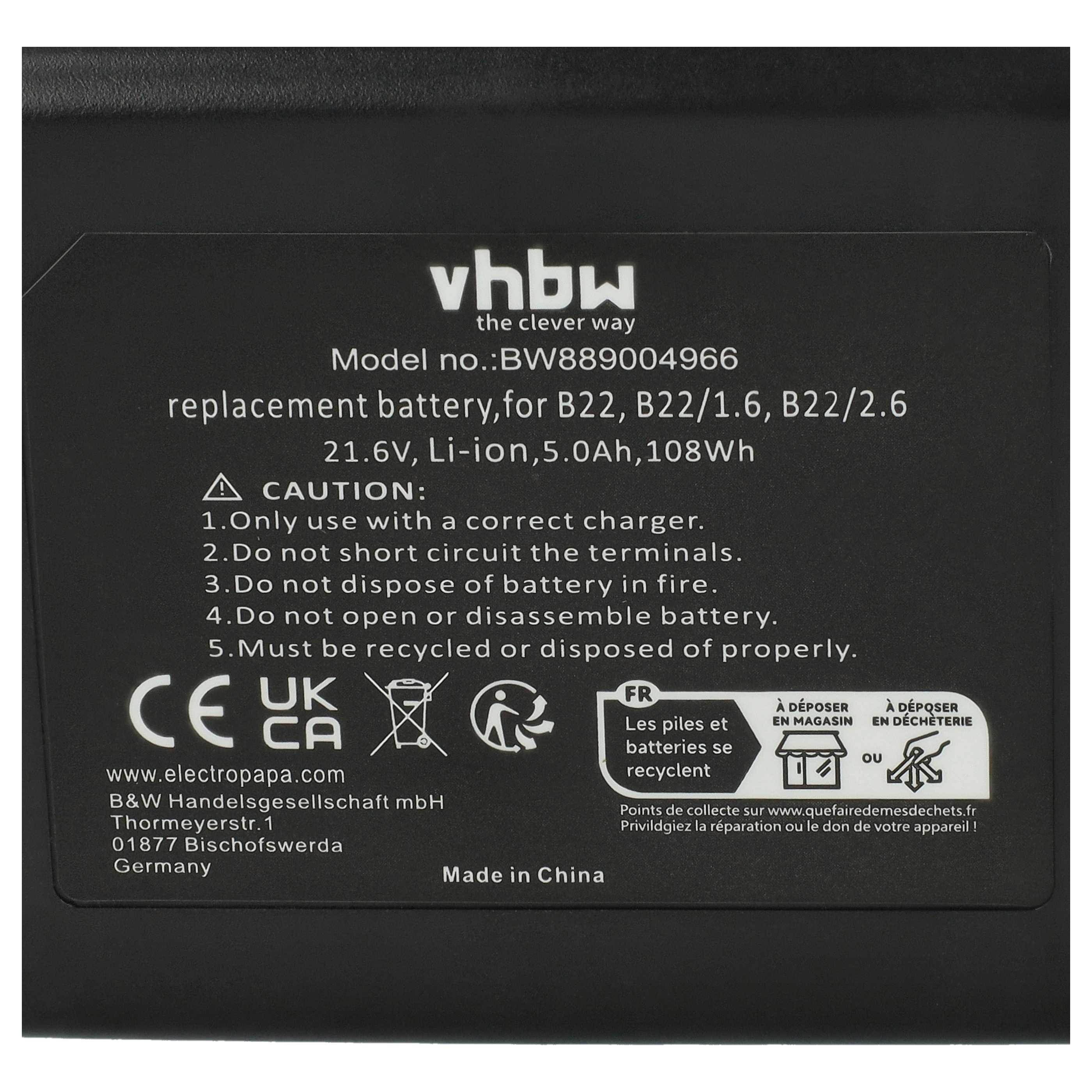 Schwarzes Batterieetikett mit Text. Es enthält Warnhinweise, Recyclingsymbole und Firmeninformationen. Hergestellt in China.