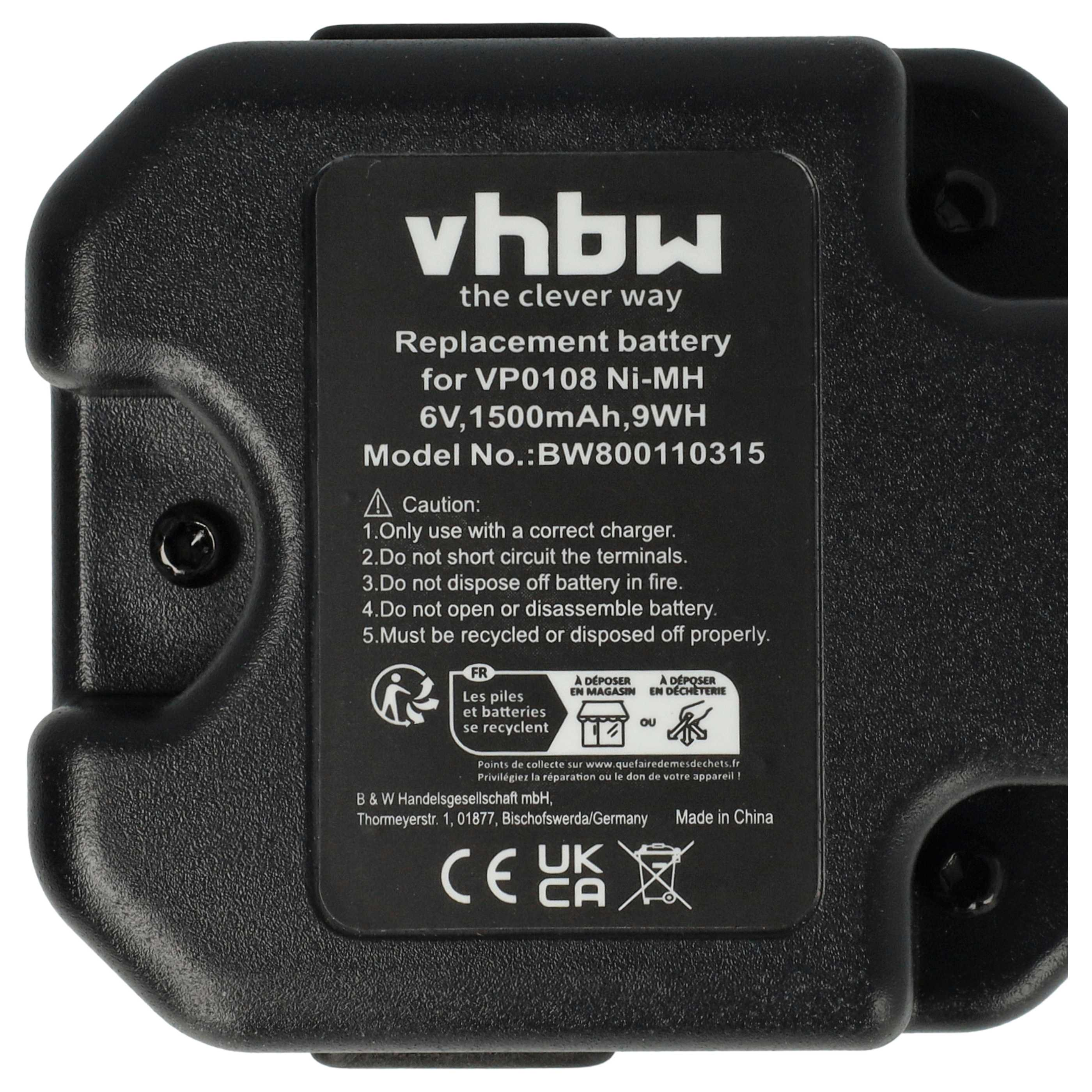 Schwarzer Akku mit weißem Text, einschließlich Produktinformationen und Recycling-Symbolen. Text lautet 'vhbw' und 'Ersatzbatterie'.