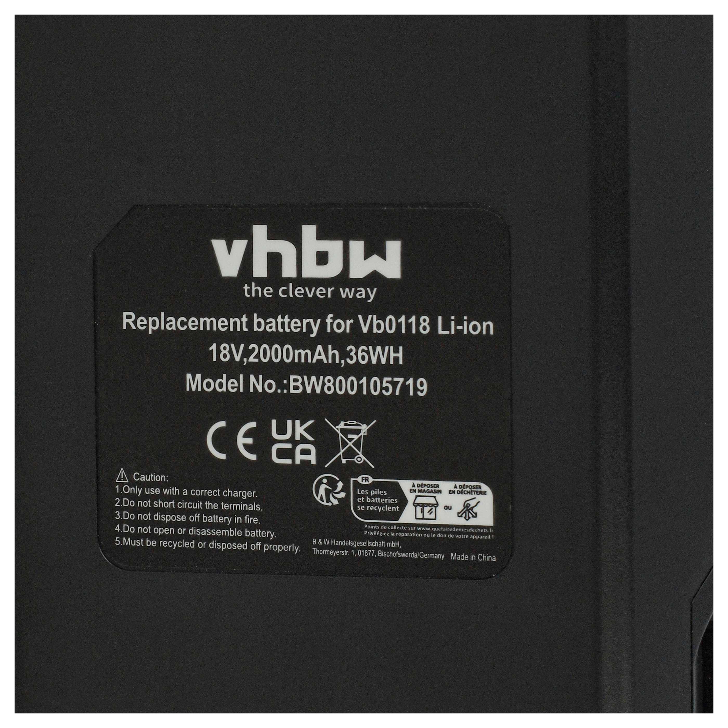 Schwarzes Batterieetikett mit weißem Text. Enthält die Marke 'vhbw', Batteriespezifikationen und Recyclinghinweise.
