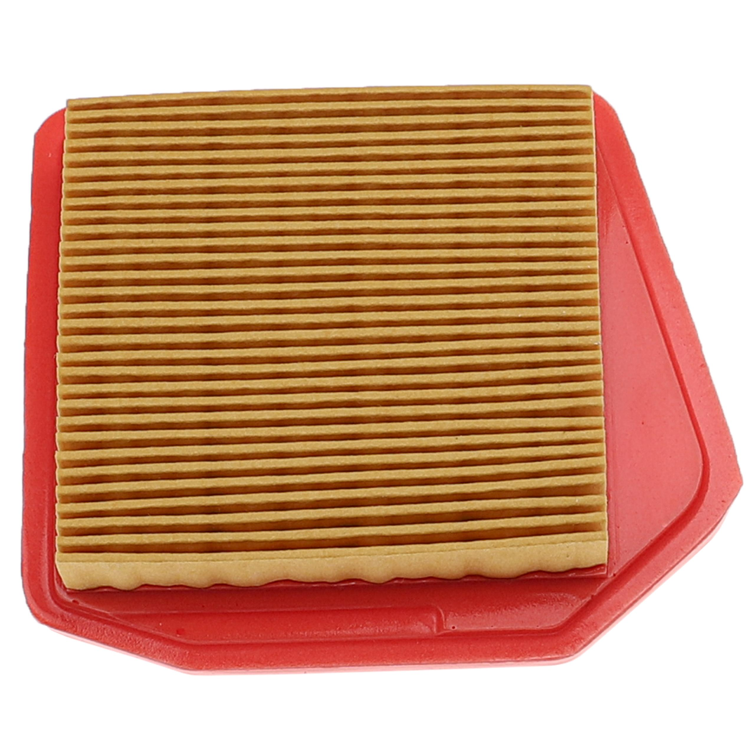 Ein Luftfilter. Er hat ein hellbraunes, gewelltes Filterelement in einem roten Kunststoffrahmen.