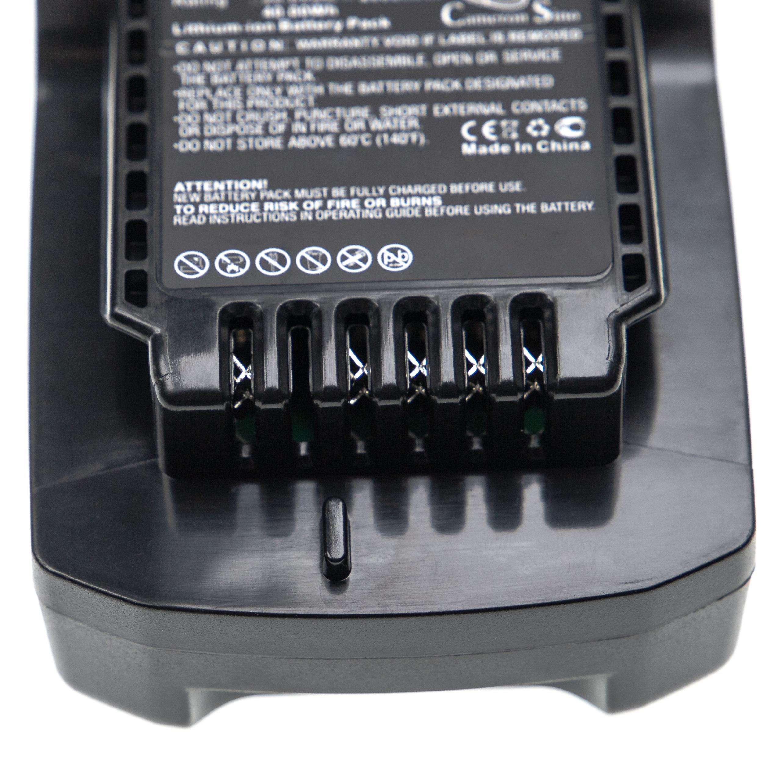 Eine schwarze Batterieladegerätbasis mit befestigtem Akkupack. Das Ladegerät hat eine kleine Lasche und mehrere Stifte.