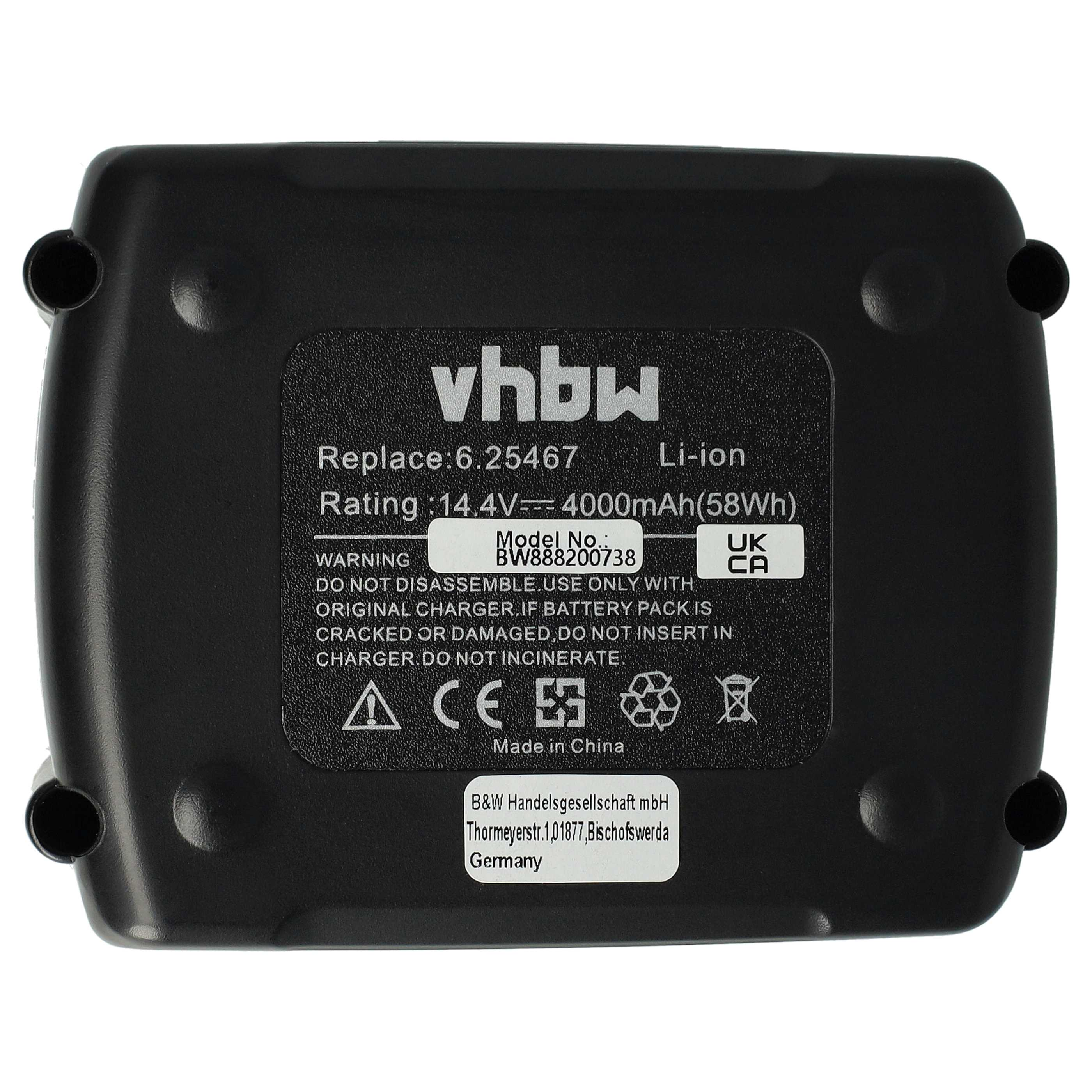 Ein schwarzer Akku mit weißem Text. Er sagt vhbw, Ersetzen: 6.25467, Li-Ion, Bewertung: 14,4 V, Modell-Nr.: BW888200738.