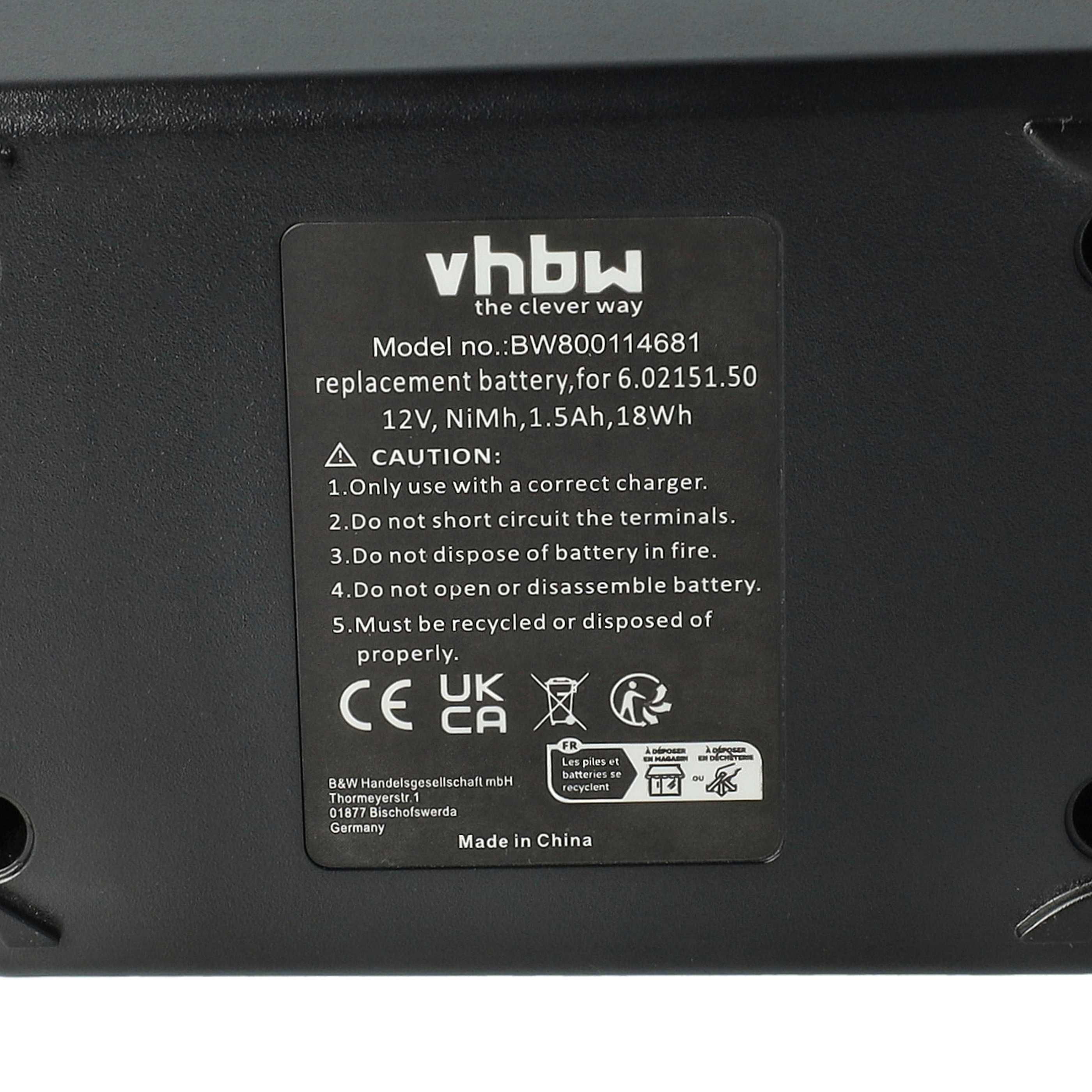 Schwarzes Batterieetikett mit weißem Text. Enthält Warnhinweise, Modelldetails und Recycling-Symbole. Hergestellt in China.