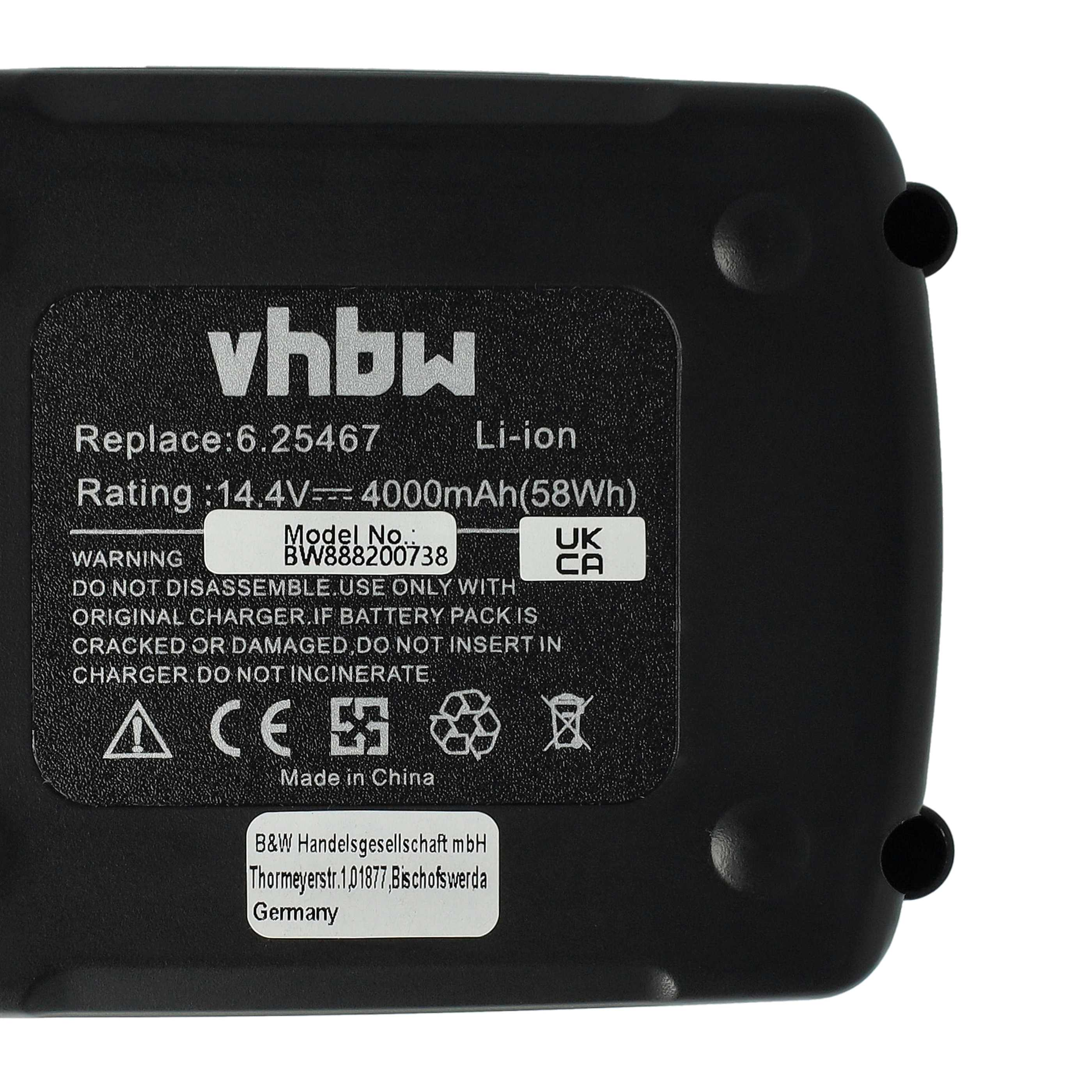 Schwarzer Akku mit weißem Text. Er lautet vhbw, Li-ion, 14,4 V, 4000 mAh. Enthält Warnhinweise und Made in China.