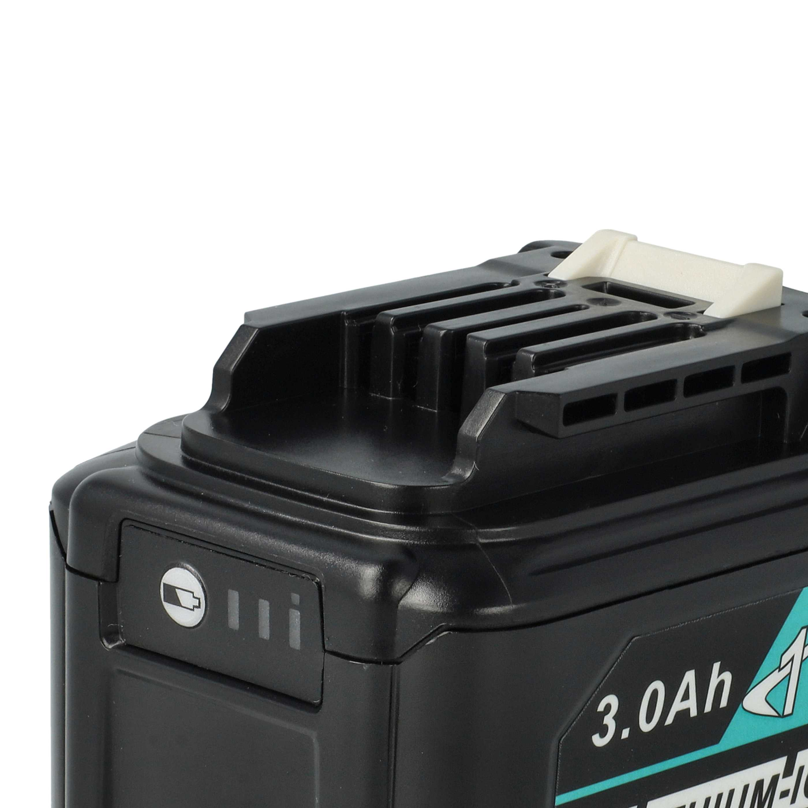 Schwarzer Elektrowerkzeug-Akku mit weißen Details. Zeigt die Batteriestandsanzeige und 3,0 Ah Kapazität.