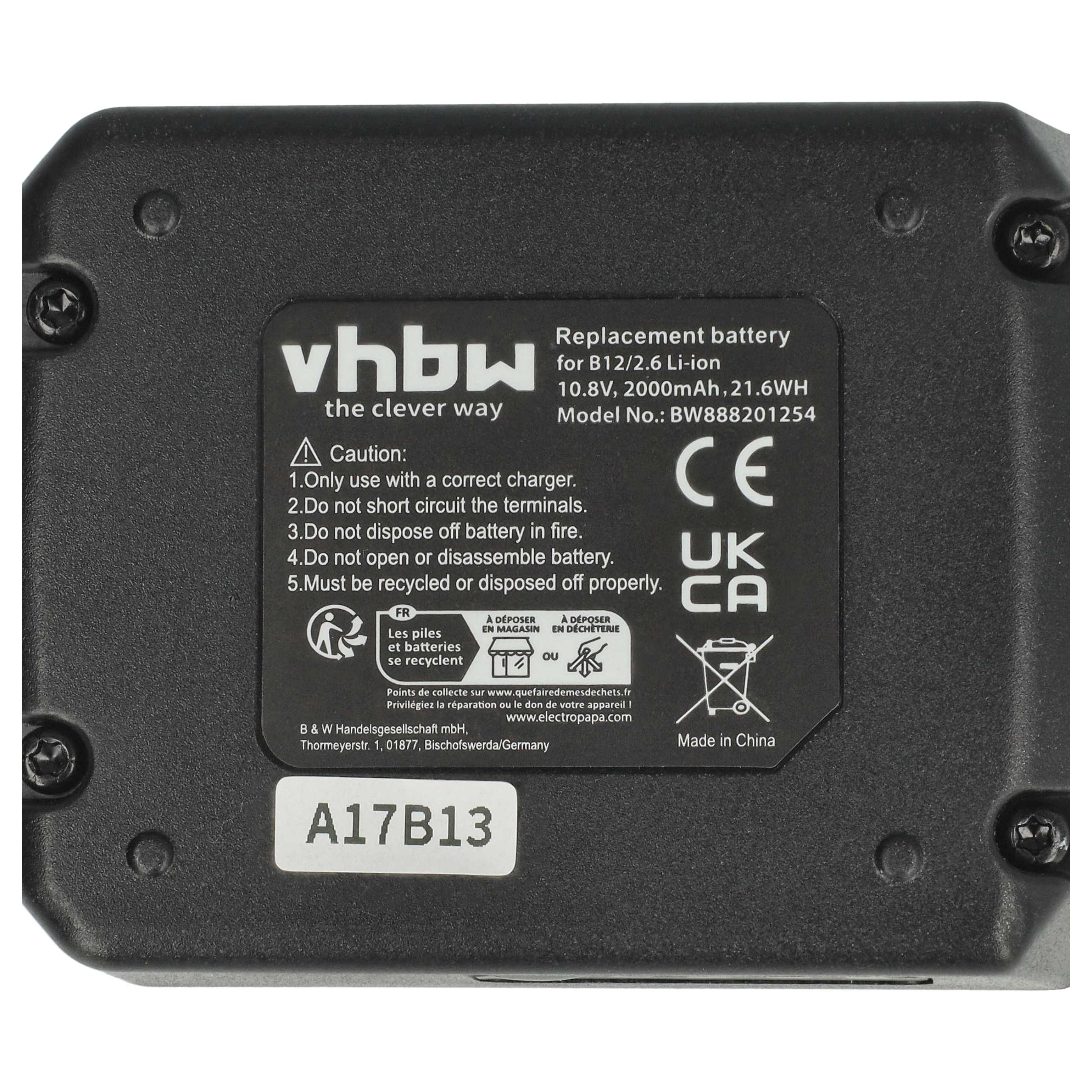 Schwarzer Akku mit weißen Textdetails. Enthält den Markennamen vhbw und Warnhinweise. Mit CE- und UK CA-Logo gekennzeichnet.