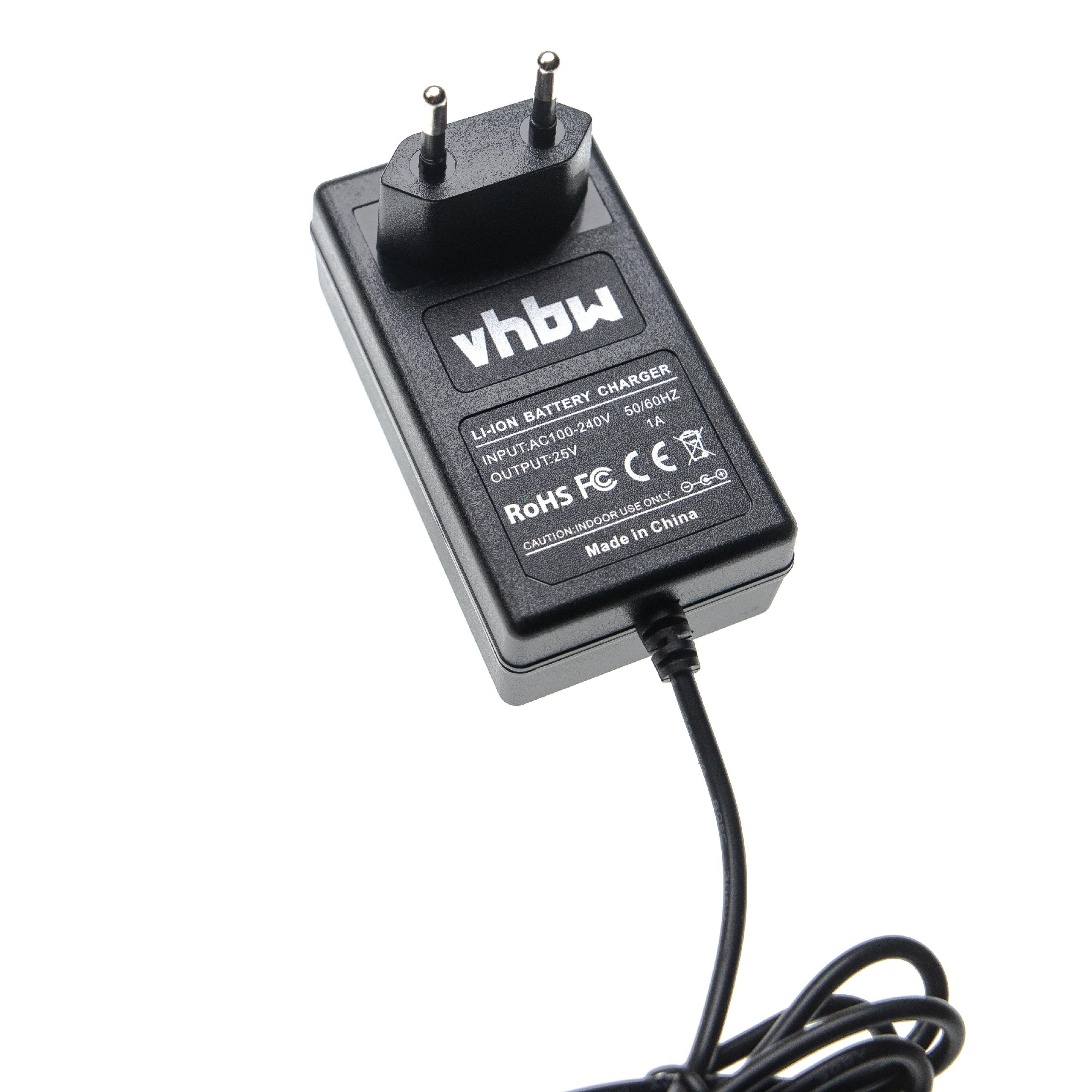 Ein schwarzes vhbw Li-Ionen-Batterieladegerät mit zwei Stiften. Es hat Textaufkleber und ein schwarzes Kabel. Der Hintergrund ist weiß.