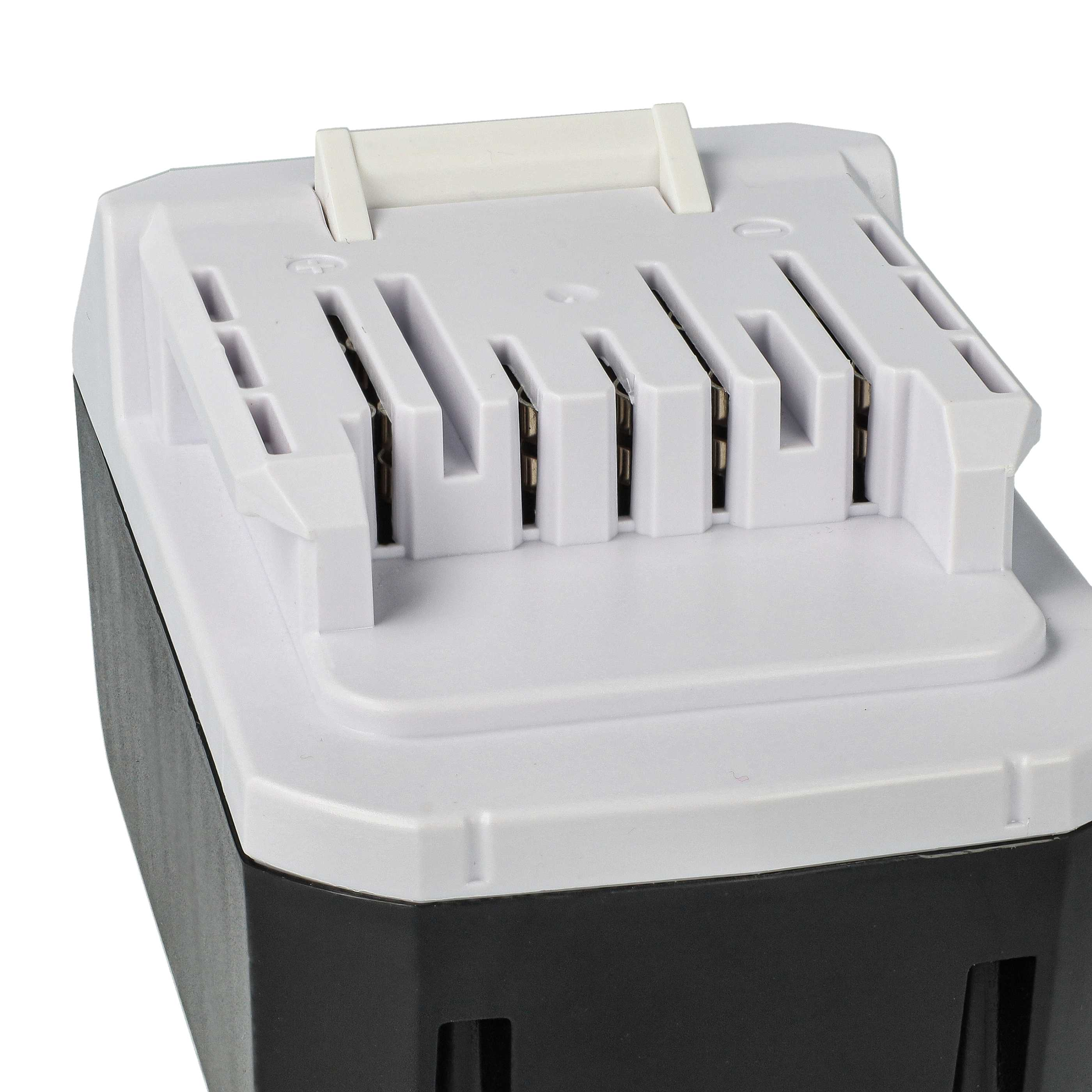 Ein Akku für ein Elektrowerkzeug. Es ist schwarz und weiß. Es hat eine weiße Oberseite mit Schlitzen und einen weißen Griff.