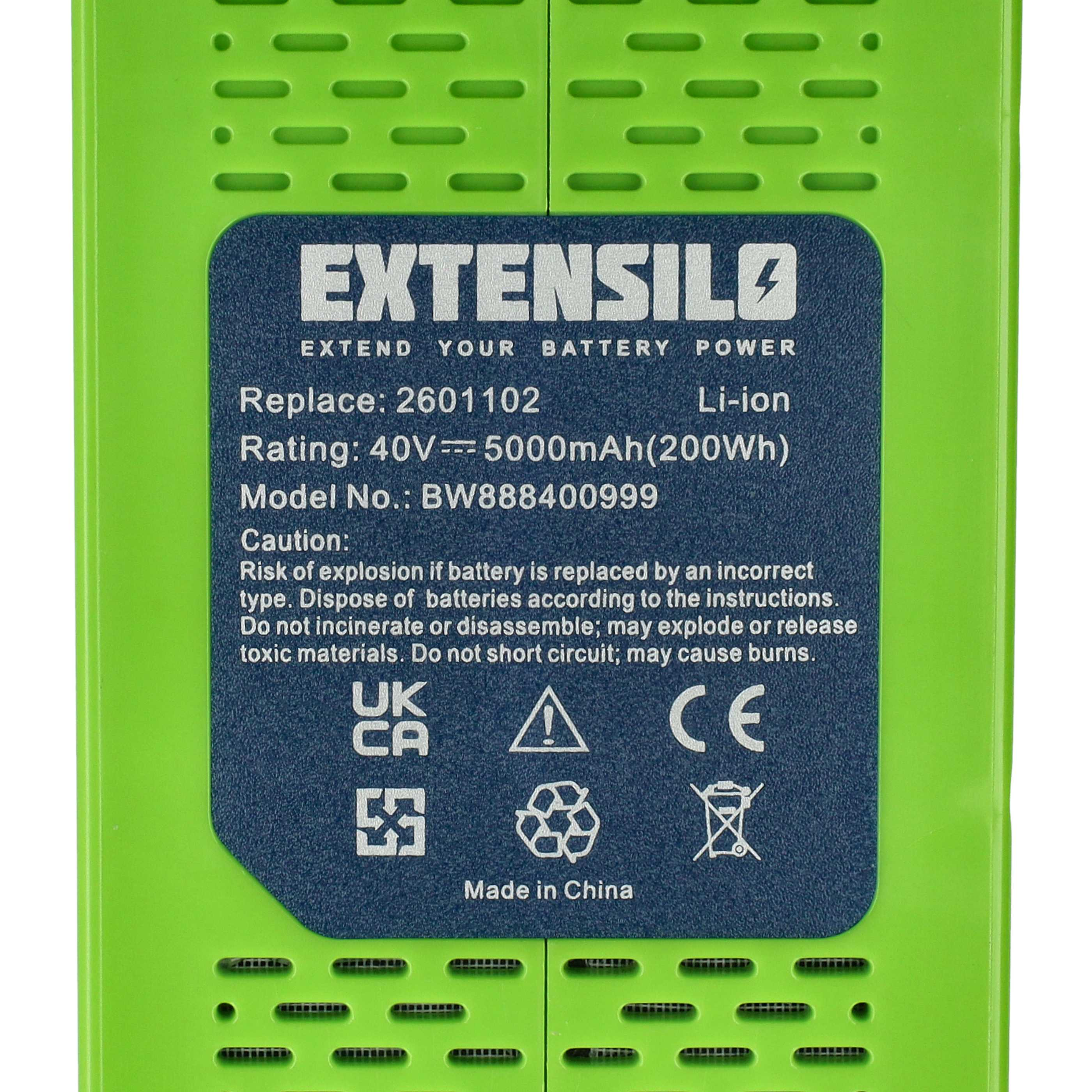 Ein Akku mit grünem Rahmen und dunkelblauem Etikett. Text enthält 'EXTENSILO' und Sicherheitshinweise.