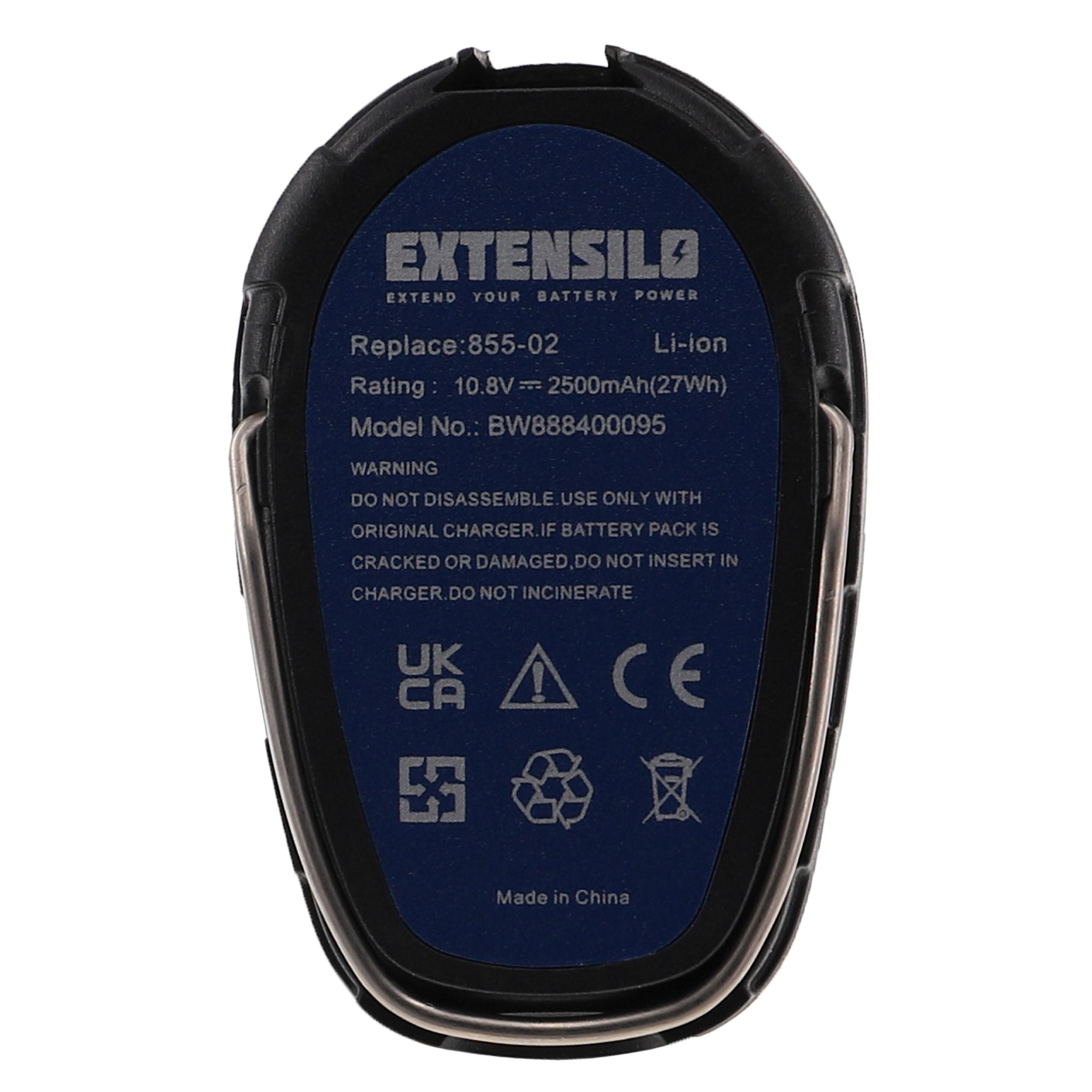 Ein schwarzer und blauer Akku. Text enthält 'EXTENSILO', 'Li-ion', Modellnummer und Sicherheitshinweise.