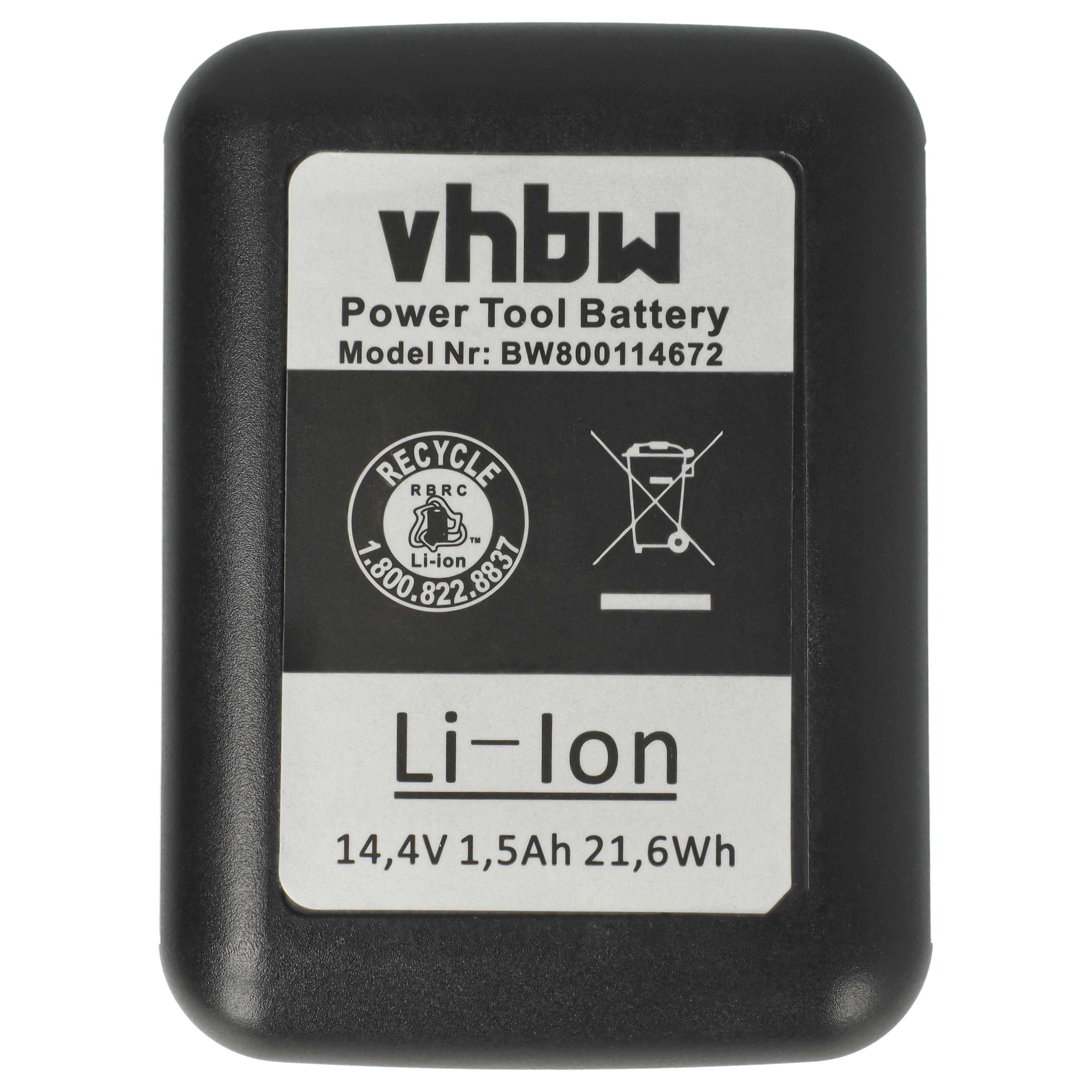 Schwarzer Elektrowerkzeug-Akku mit weißem Etikett. Der Text auf dem Etikett enthält 'vhbw', 'Power Tool Battery' und 'Li-ion'.