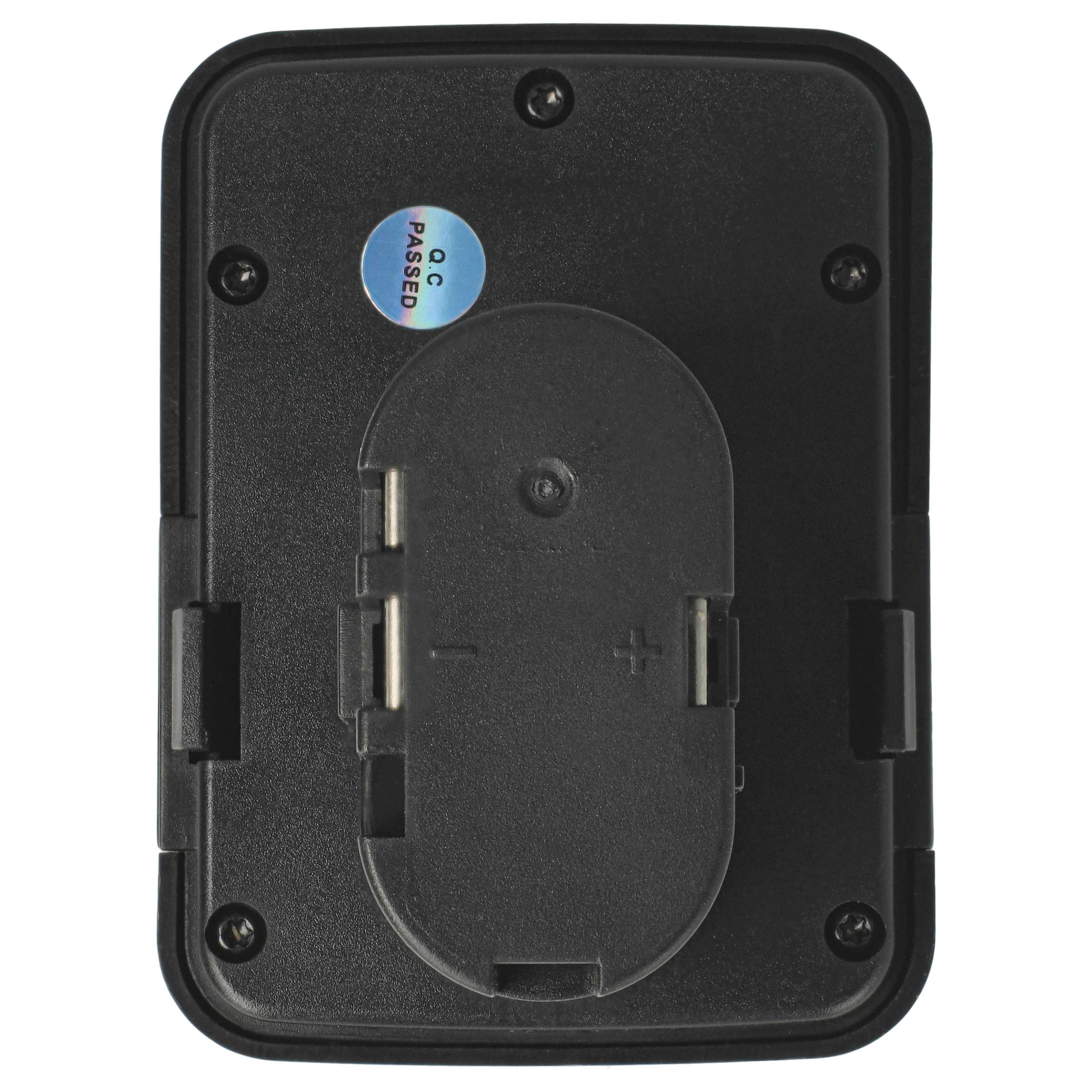 Ein schwarzes Plastikgerät, Rückseite nach oben. Merkmale sind ein Batteriefach, Schrauben und ein 'Bestanden'-Aufkleber.