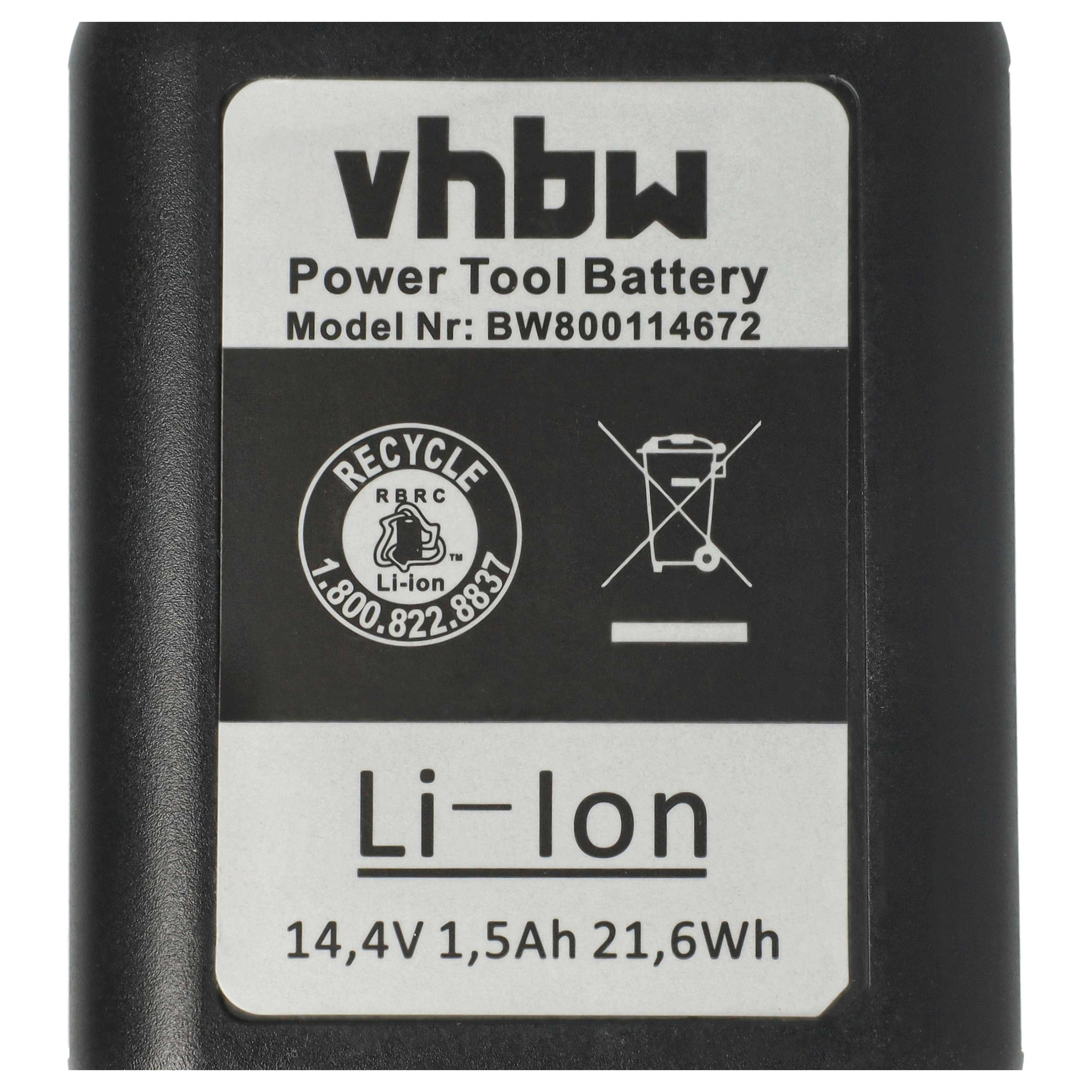 Ein schwarzer Akku mit weißem Text. Er lautet 'vhbw Power Tool Battery Li-ion 14,4V 1,5Ah 21,6Wh' und Recycling-Symbol.