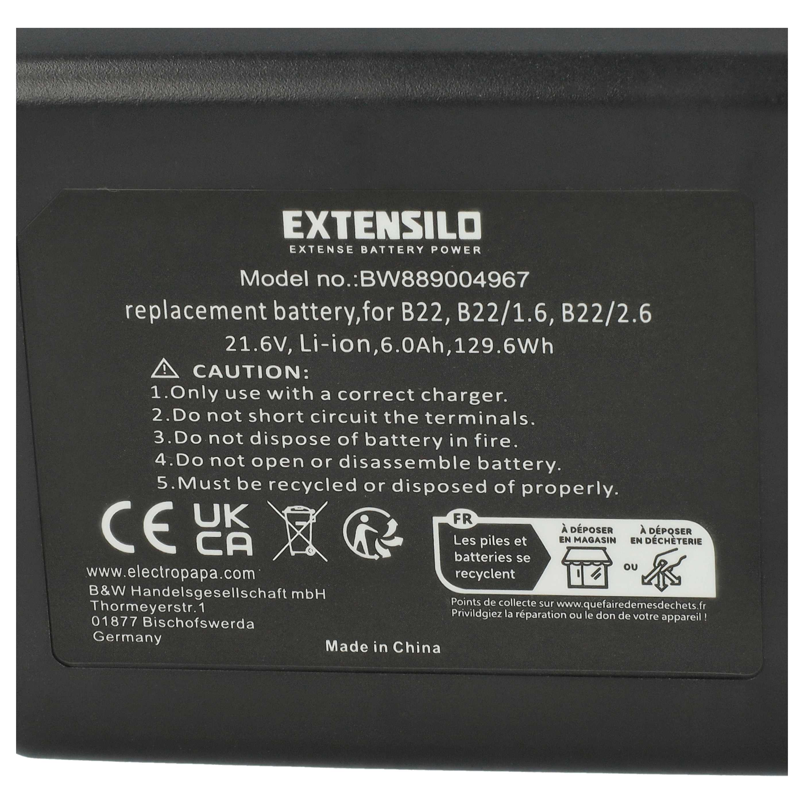 Schwarzer Akku mit weißem Text, Produktdetails, Warnungen und Recycling-Symbolen. Hergestellt in China. Marke Extensilo, Modell BW889004967.