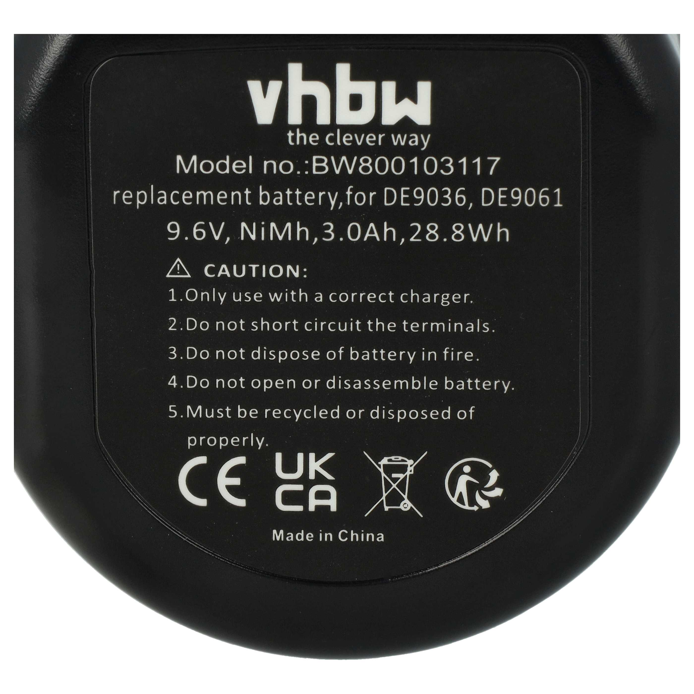 Schwarzes Batterieetikett mit weißem Text. Es listet Modell, Spannung und Warnhinweise auf. Enthält CE-, UKCA-Zeichen und Recycling-Symbol.