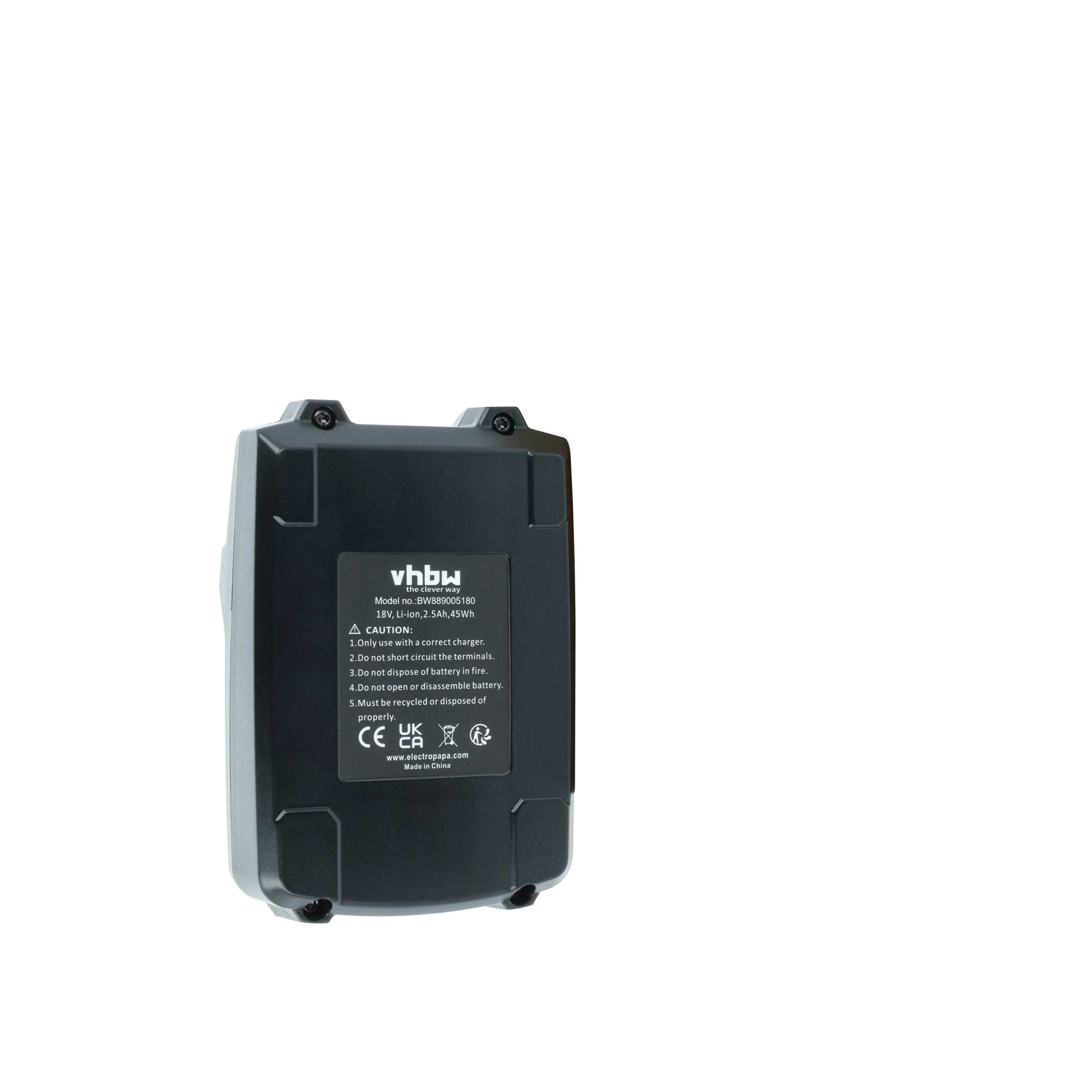 Ein schwarzes Akku-Pack vor weißem Hintergrund. Text auf dem Akku: vhbw, Modell-Nr., 18V, Li-Ion, VORSICHT und andere Sicherheitsinformationen.