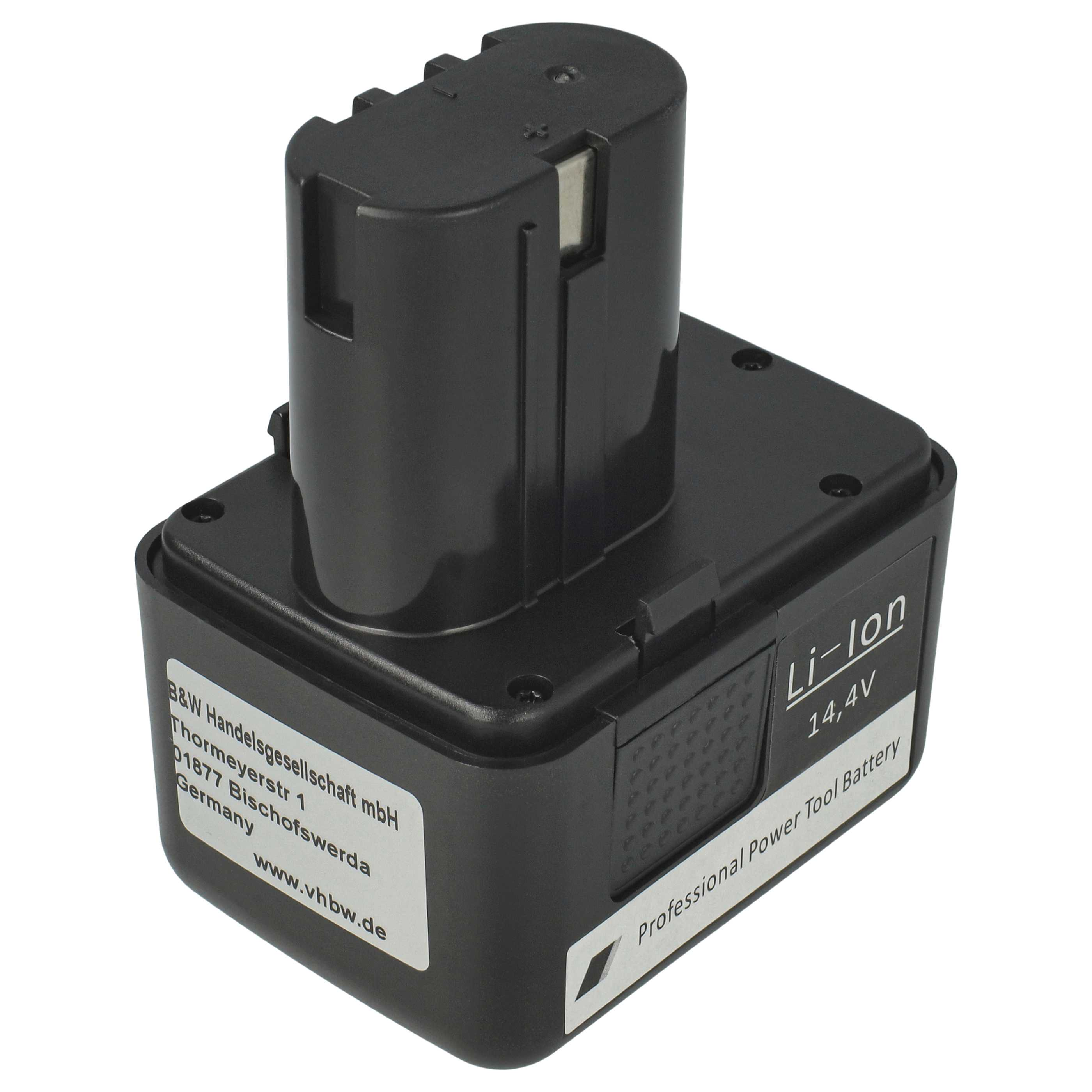 Schwarzer Li-Ion 14,4V Elektrowerkzeug-Akku mit Etiketten. Er trägt den Text 'Professional Power Tool Battery'.