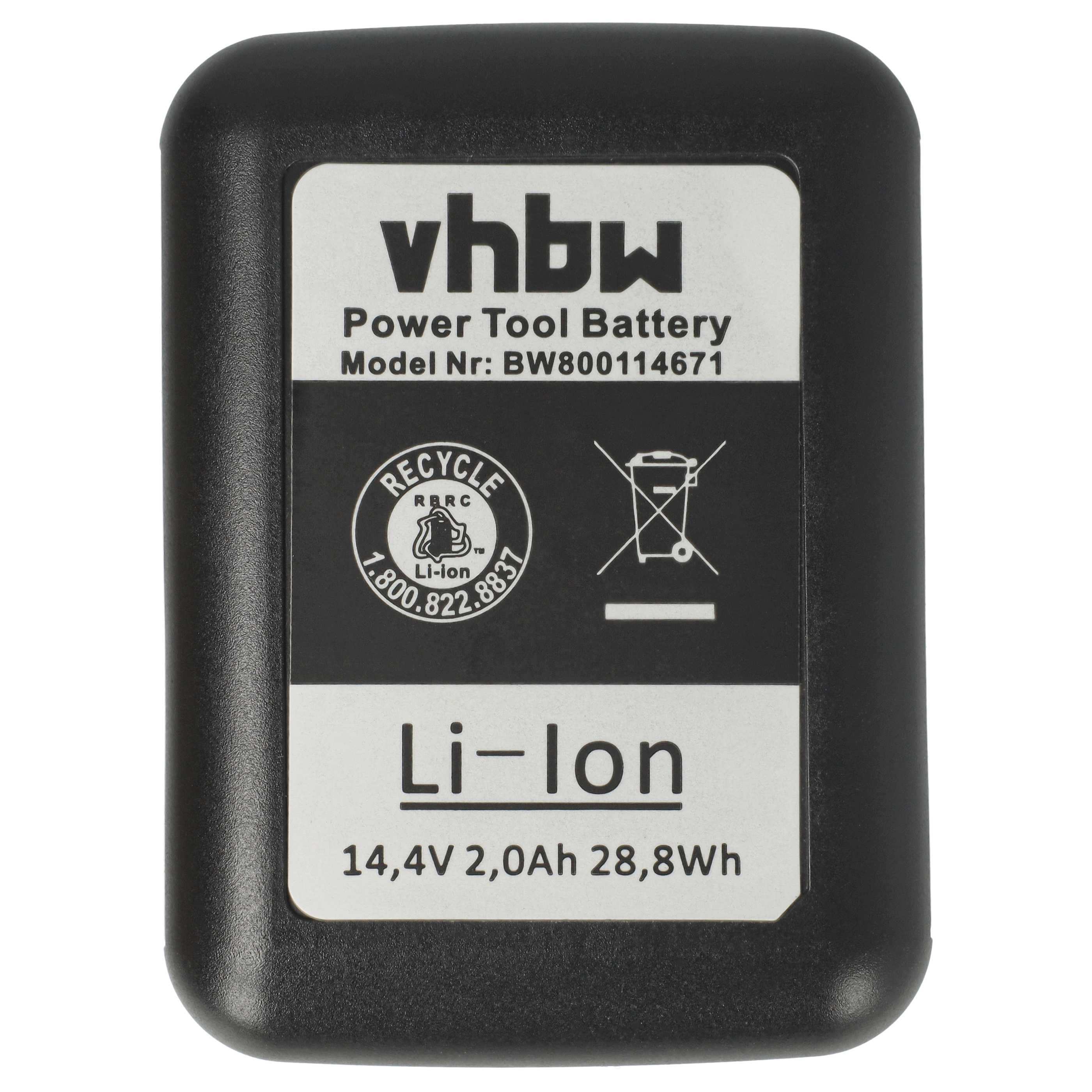 Schwarzer vhbw-Werkzeugakku. Er hat weiße Etiketten mit Text und Recycling-Symbolen und lautet 'Li-Ion 14,4V 2,0Ah 28,8Wh'.