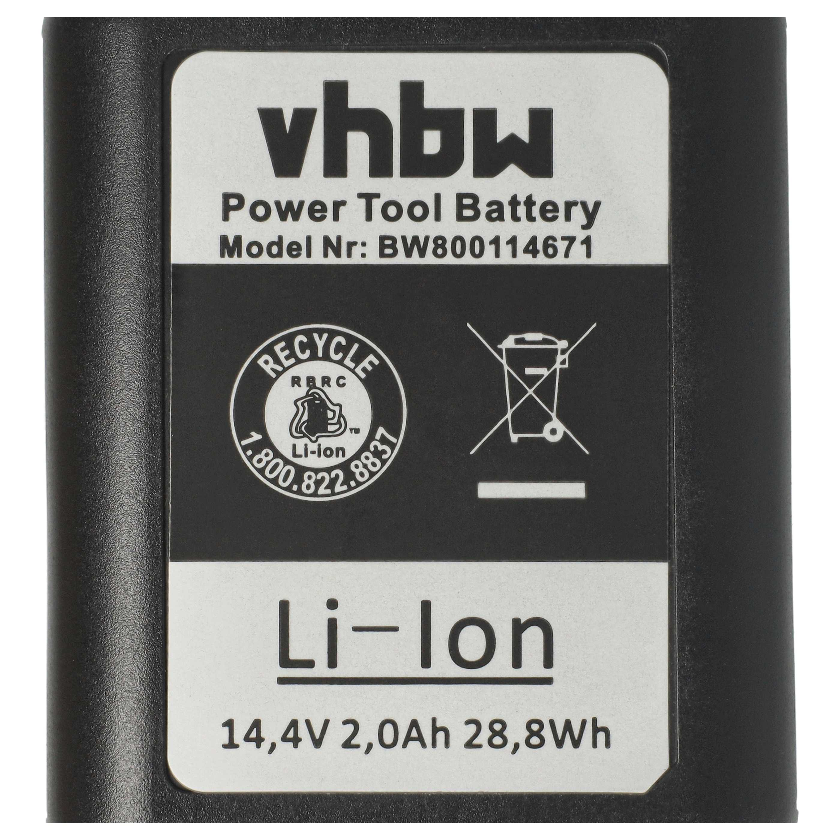 Ein schwarzer Akku mit weißem Etikett. Der Text lautet 'vhbw Power Tool Battery', Modellnummer, 'Li-ion' und Recycling-Informationen.