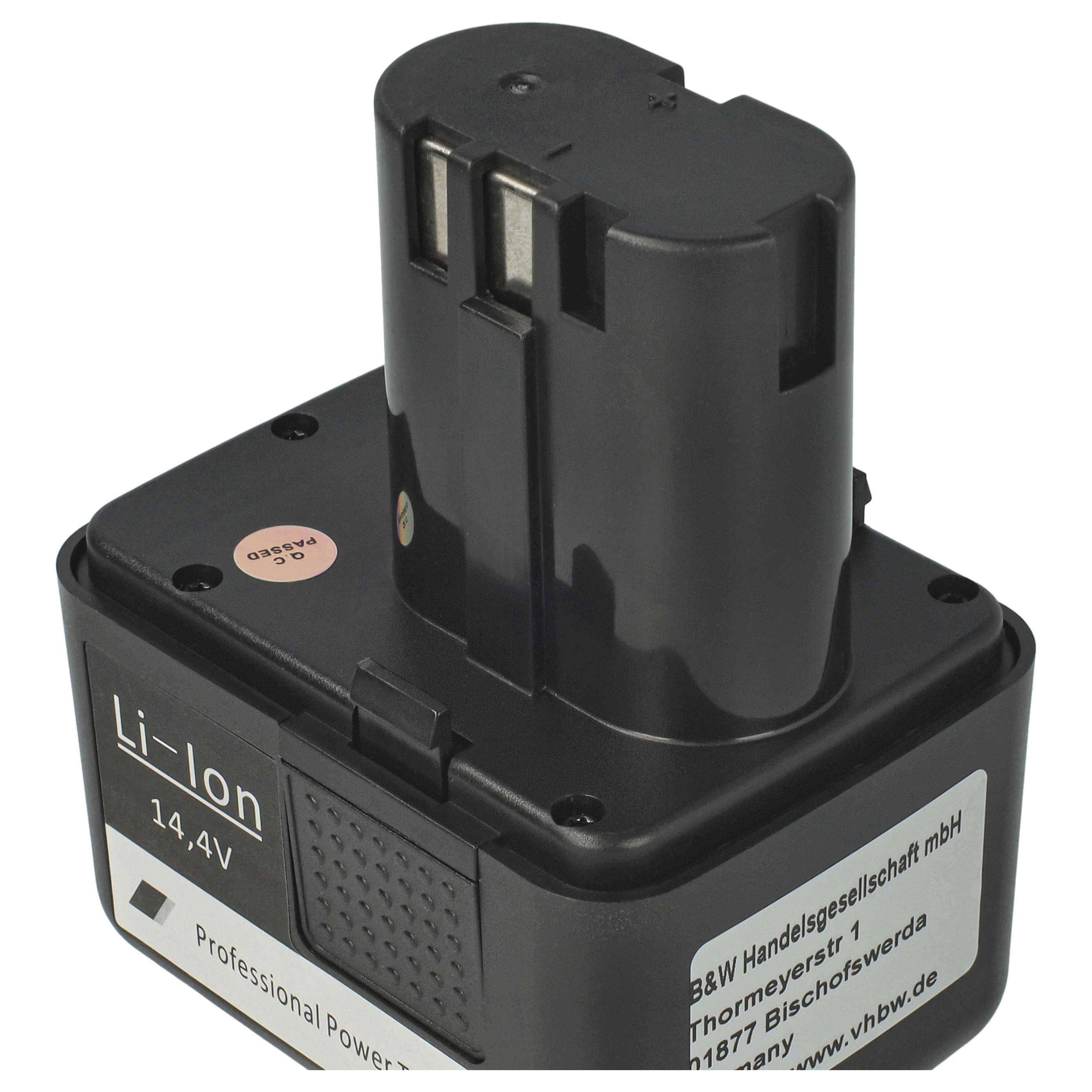 Ein schwarzes Li-Ion 14,4V Akkupack. Aufkleber zeigen 'Professional Power', 'B&W Handelsgesellschaft' und 'www.vhbw.de'.
