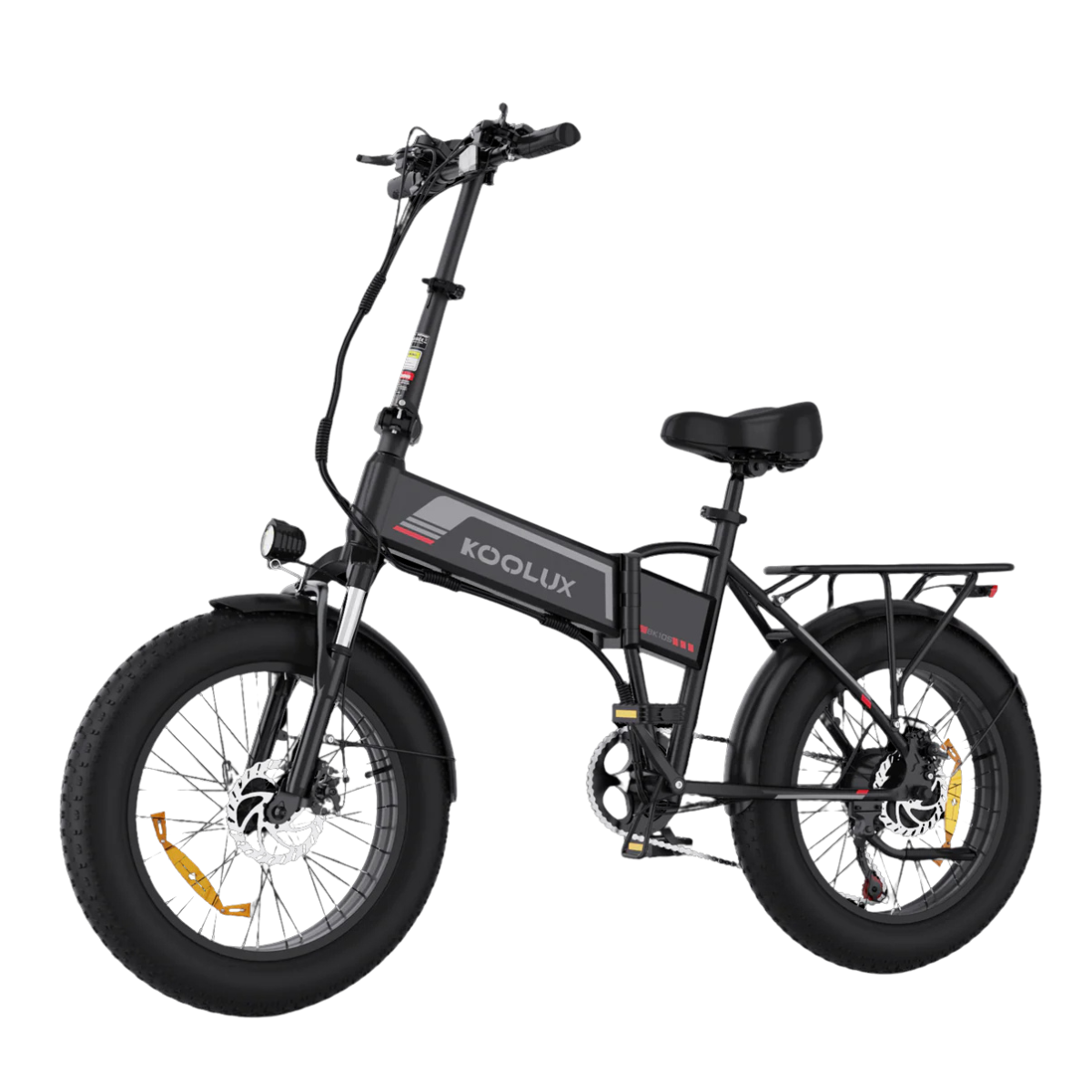 Czarny rower elektryczny z grubymi oponami, rama z napisem 'KOOLUX'. Ma reflektor, bagażnik i hamulce tarczowe. Izolowany.
