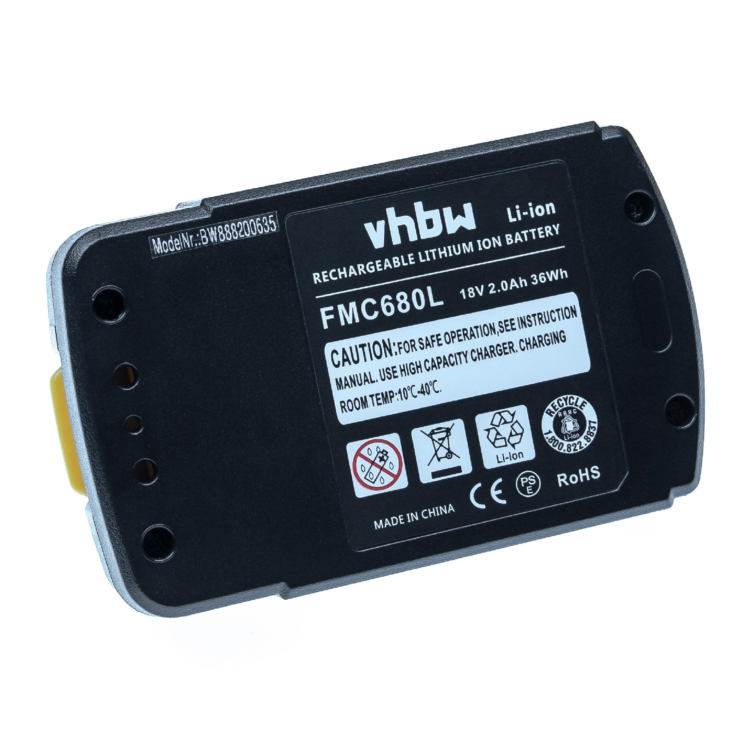 Schwarzer vhbw Li-Ionen-Akku, FMC680L, 18V 2,0Ah 36Wh, mit weißem Text und Symbolen. Hergestellt in China.