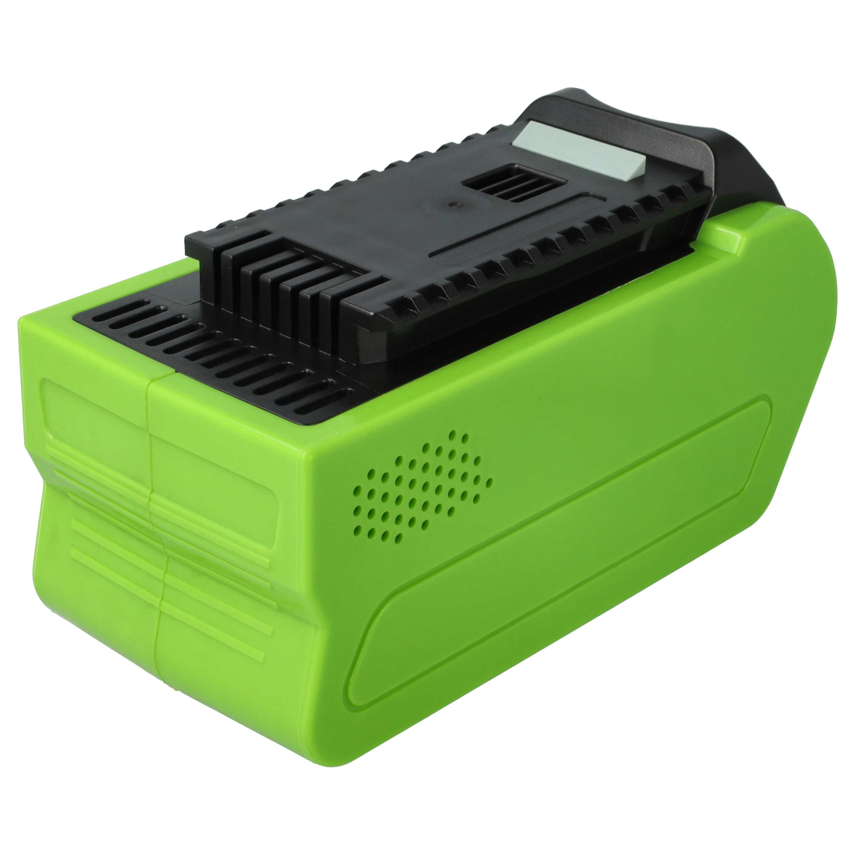 Ein grüner und schwarzer Akku für ein kabelloses Elektrowerkzeug. Er hat eine grüne Basis und einen schwarzen Deckel mit Lüftungsschlitzen.