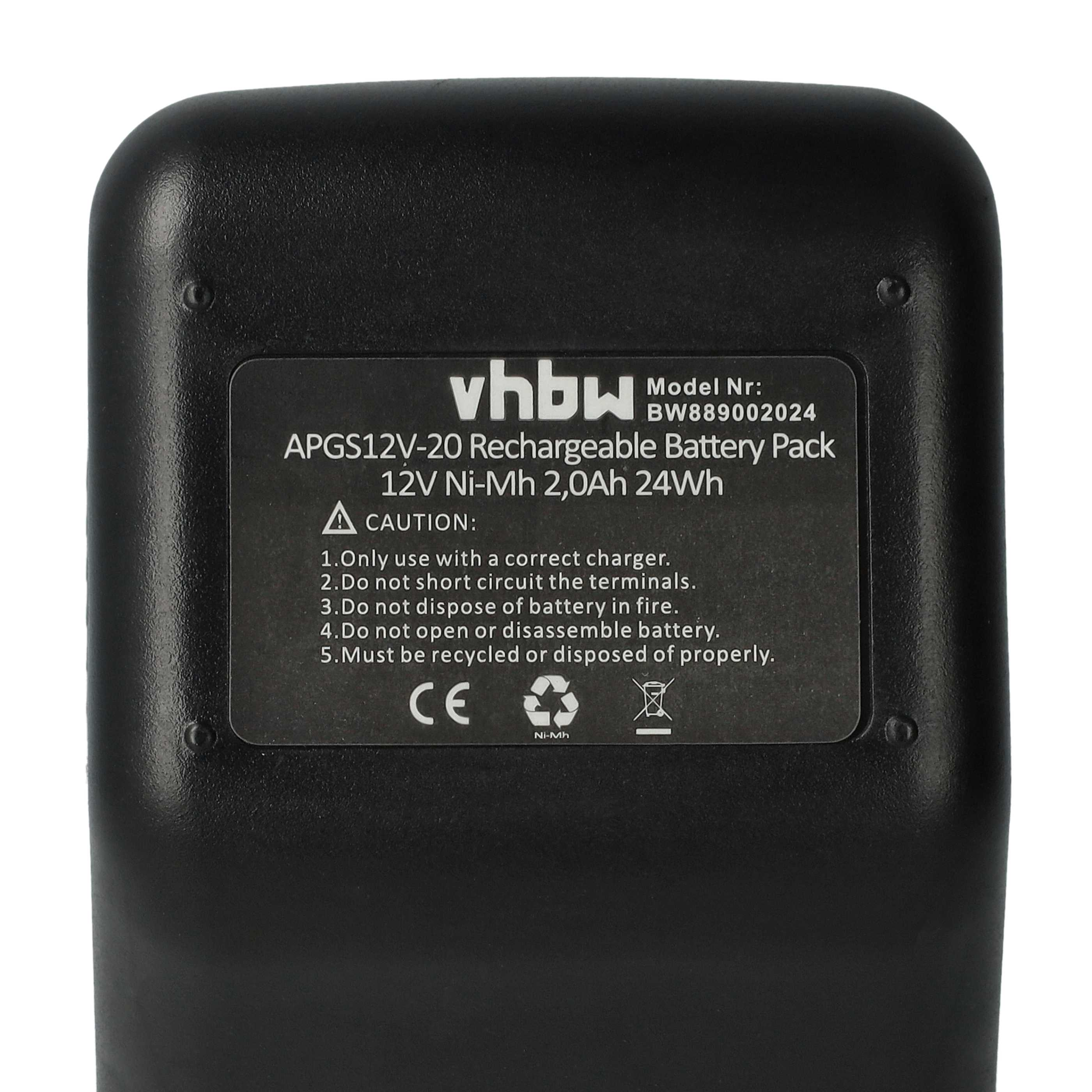 Schwarzer Akku mit weißem Text. Er trägt die Aufschrift vhbw, 12V Ni-Mh und enthält Sicherheitshinweise und Recycling-Symbole.