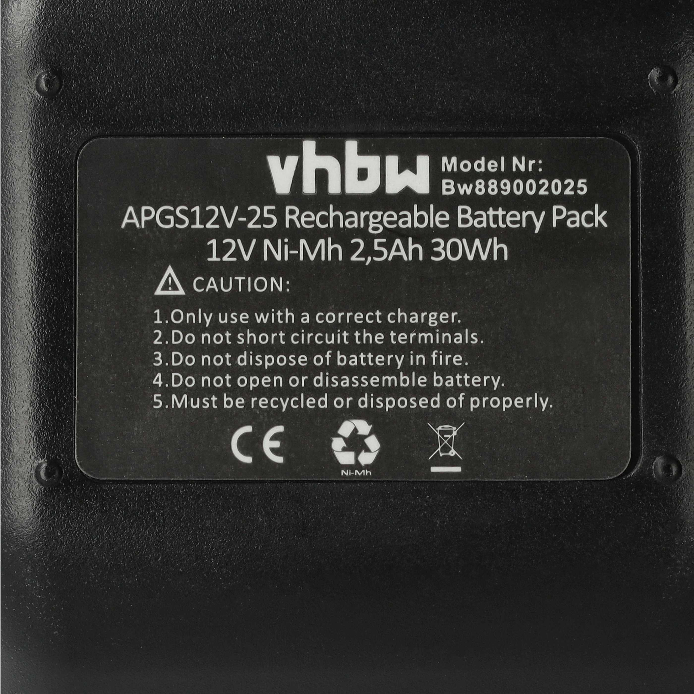 Schwarzes Batteriepack-Etikett mit weißem Text. Es listet Modell, Typ, Spannung und Sicherheitshinweise auf. Symbole und CE-Kennzeichen sind sichtbar.