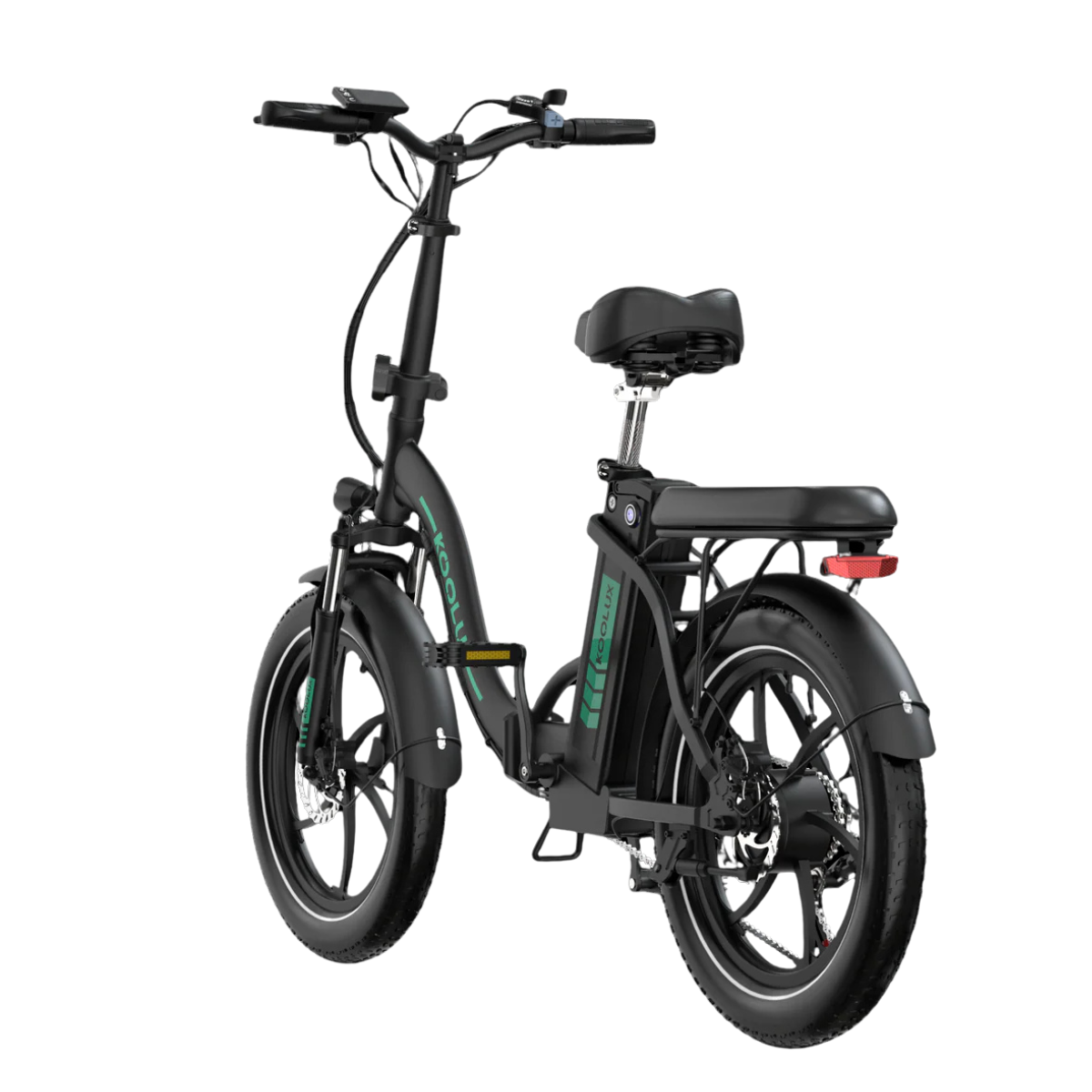 Czarny rower elektryczny, marka KOOLUX, z czarną ramą, kołami, siedzeniem i kierownicą. Posiada przednie i tylne światła.