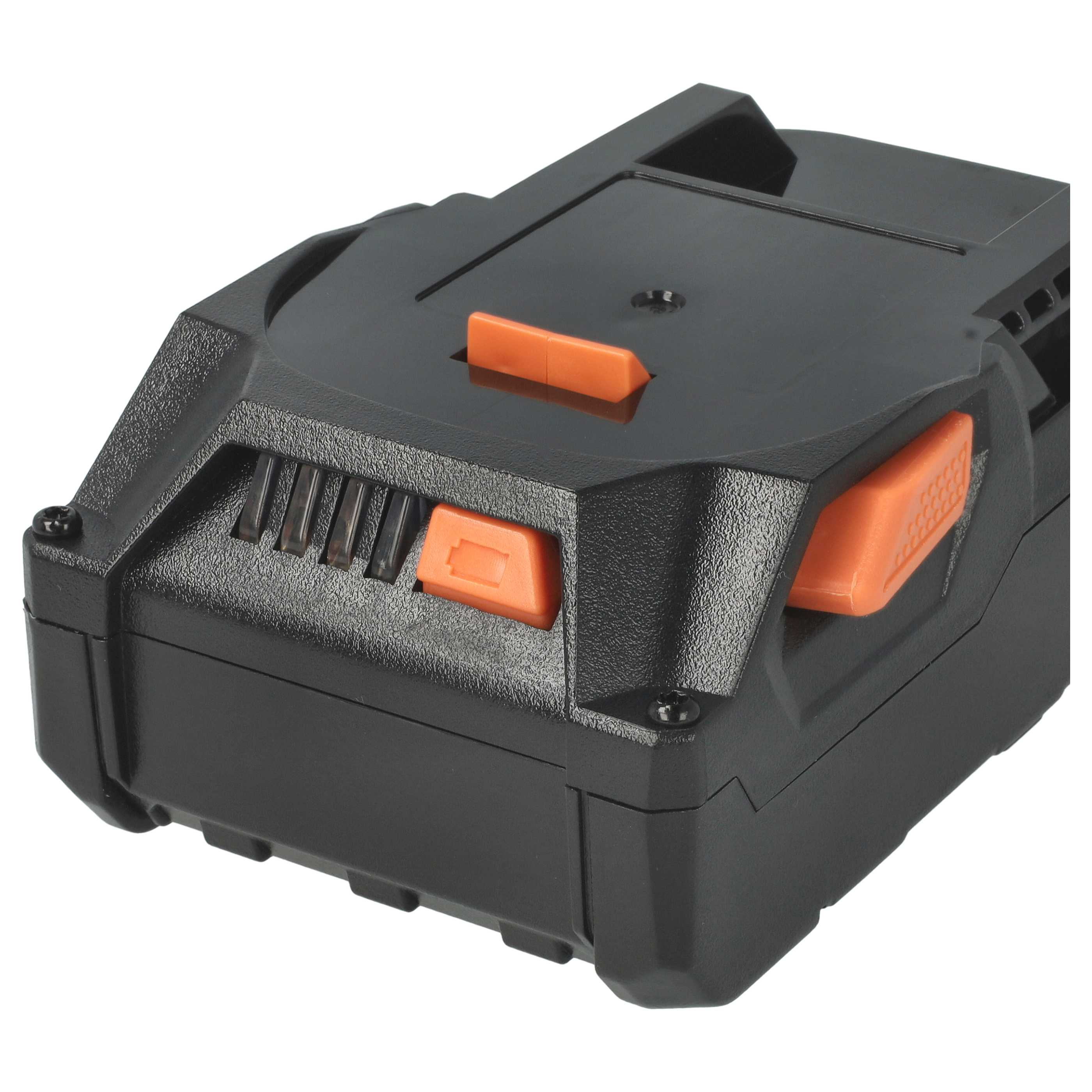 Schwarzer Elektrowerkzeug-Akku mit orangefarbenen Knöpfen. Die Batterie hat eine strukturierte Oberfläche und eine rechteckige Form.