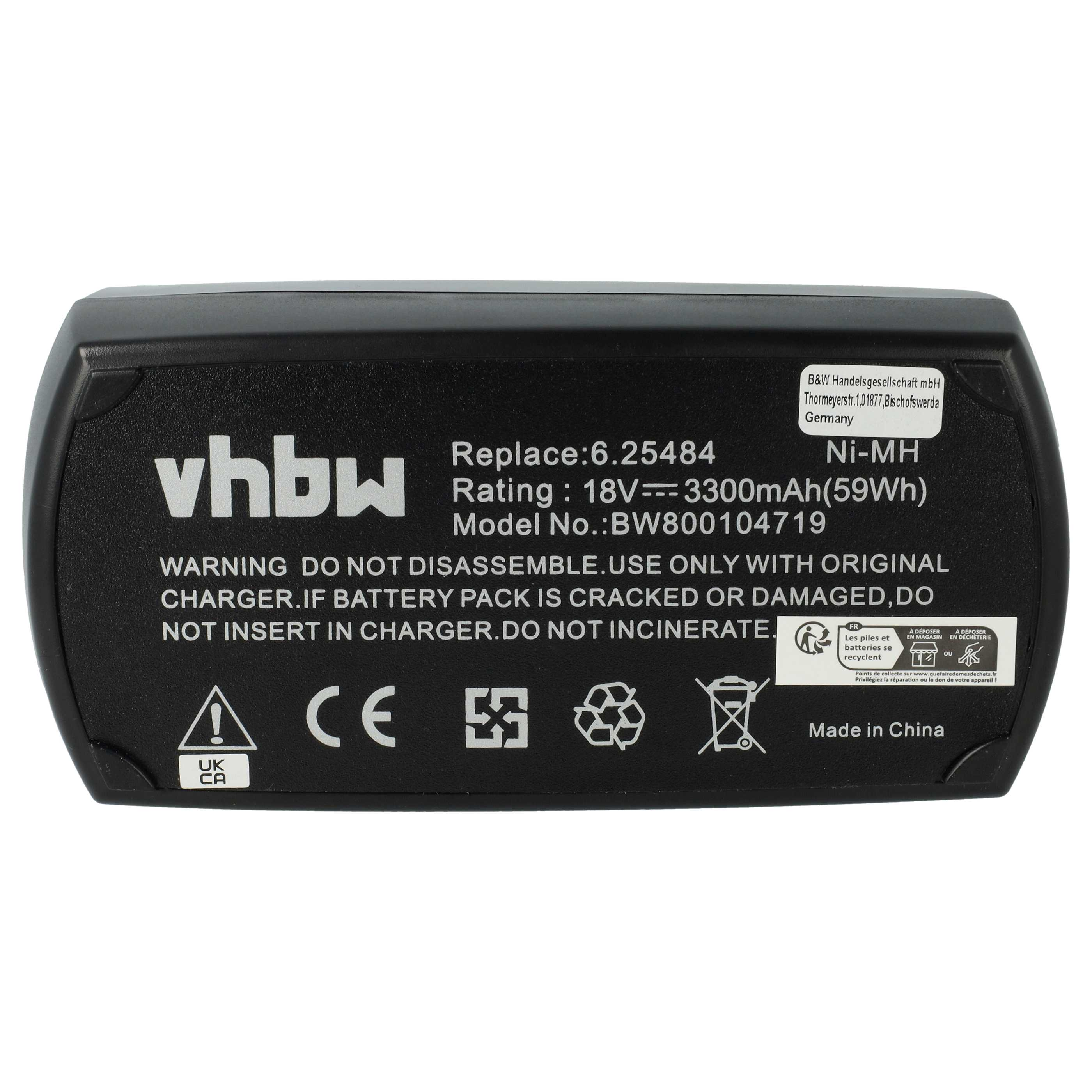 Schwarzer vhbw-Akkupack mit Warnhinweisen und Text. Enthält Bewertung, Modellinfo und Recyclingsymbole. Hergestellt in China.