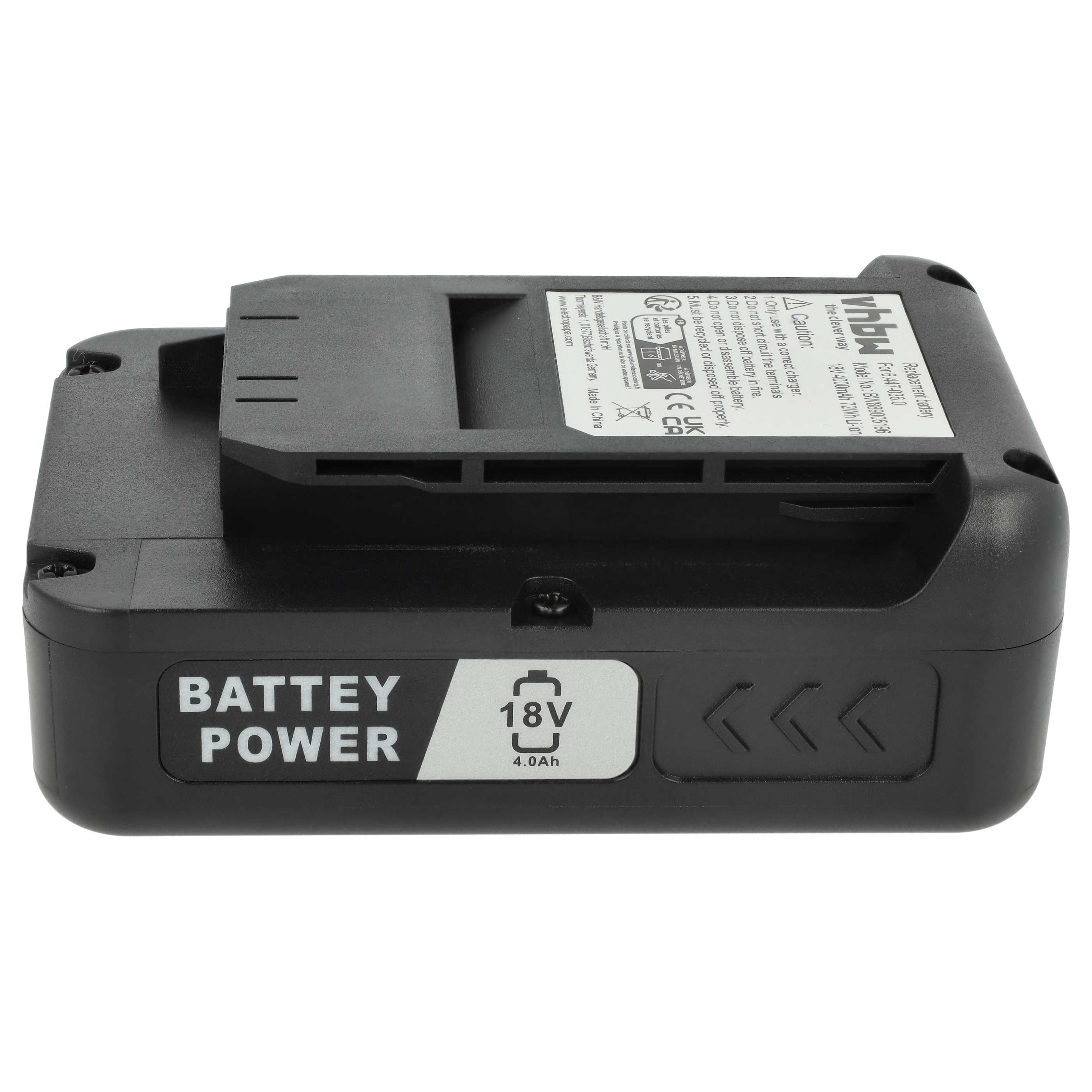 Schwarzer Akku mit weißem Text: BATTEY POWER, 18V 4,0Ah. Enthält Warnhinweise und Herstellerinformationen.
