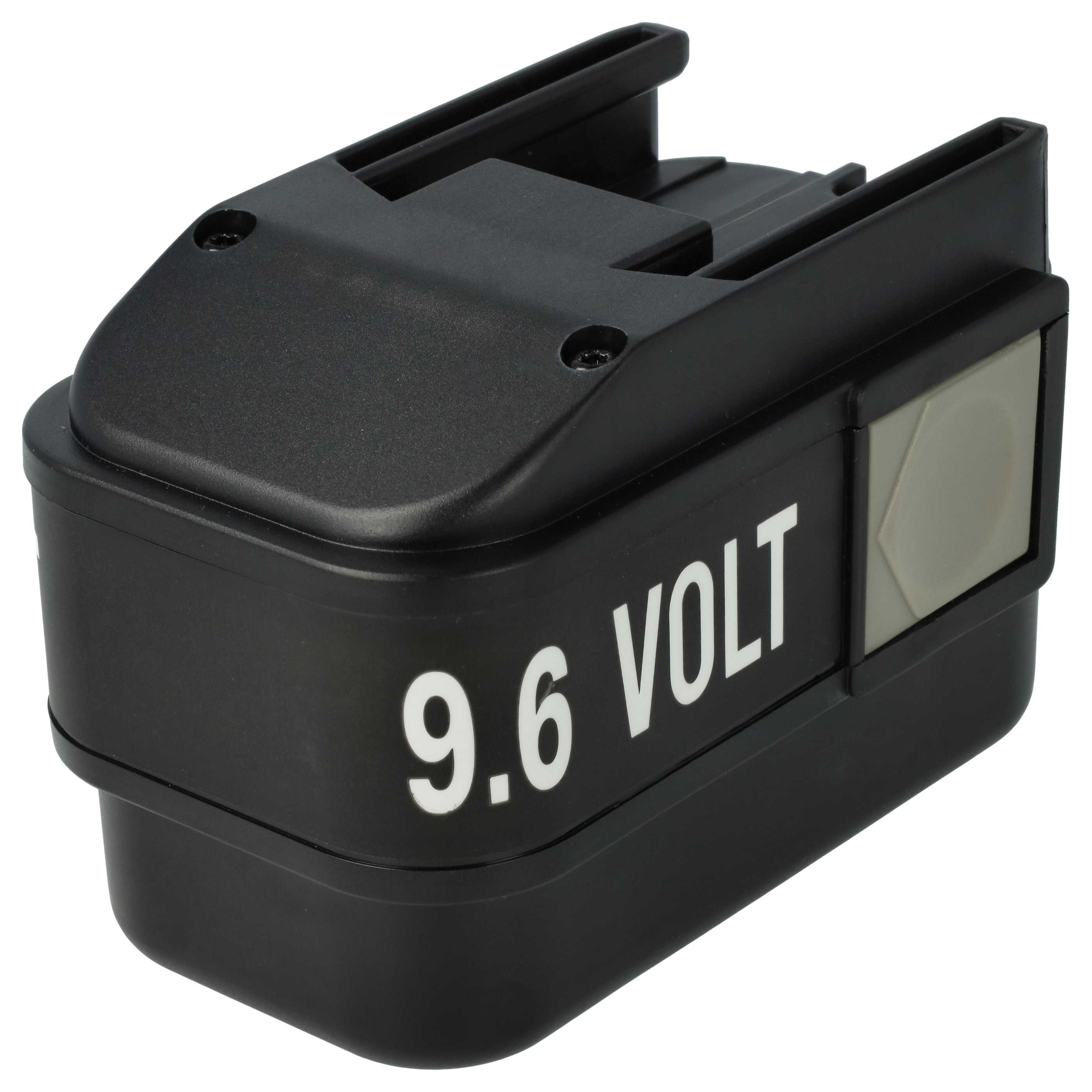 Ein schwarzer 9,6-Volt-Akku mit dem weißen Schriftzug '9,6 VOLT'. Er hat eine graue Taste. Der Hintergrund ist weiß.