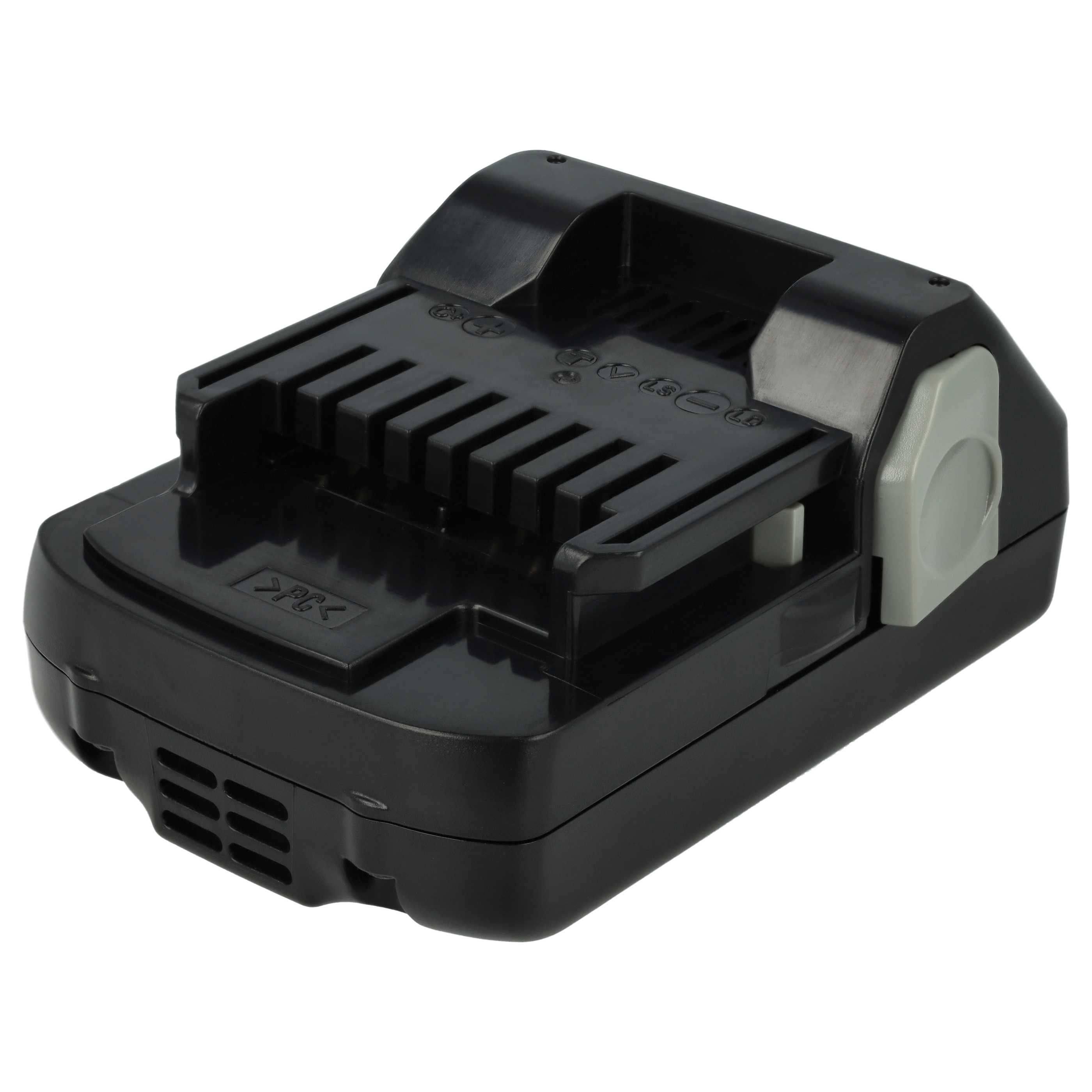 Ein schwarzer Akku für ein Elektrowerkzeug. Es hat einen grauen Knopf und viele Rippen oben.