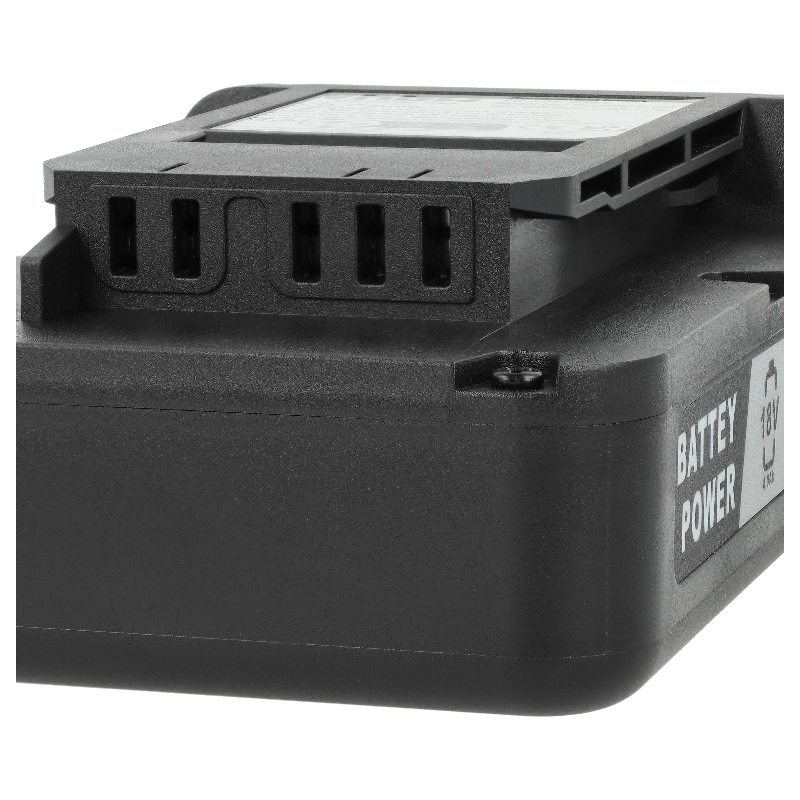 Ein schwarzes Akkupack mit der Aufschrift 'BATTEY POWER'. Es hat Lüftungsschlitze und ein Etikett mit der Aufschrift '18V'.